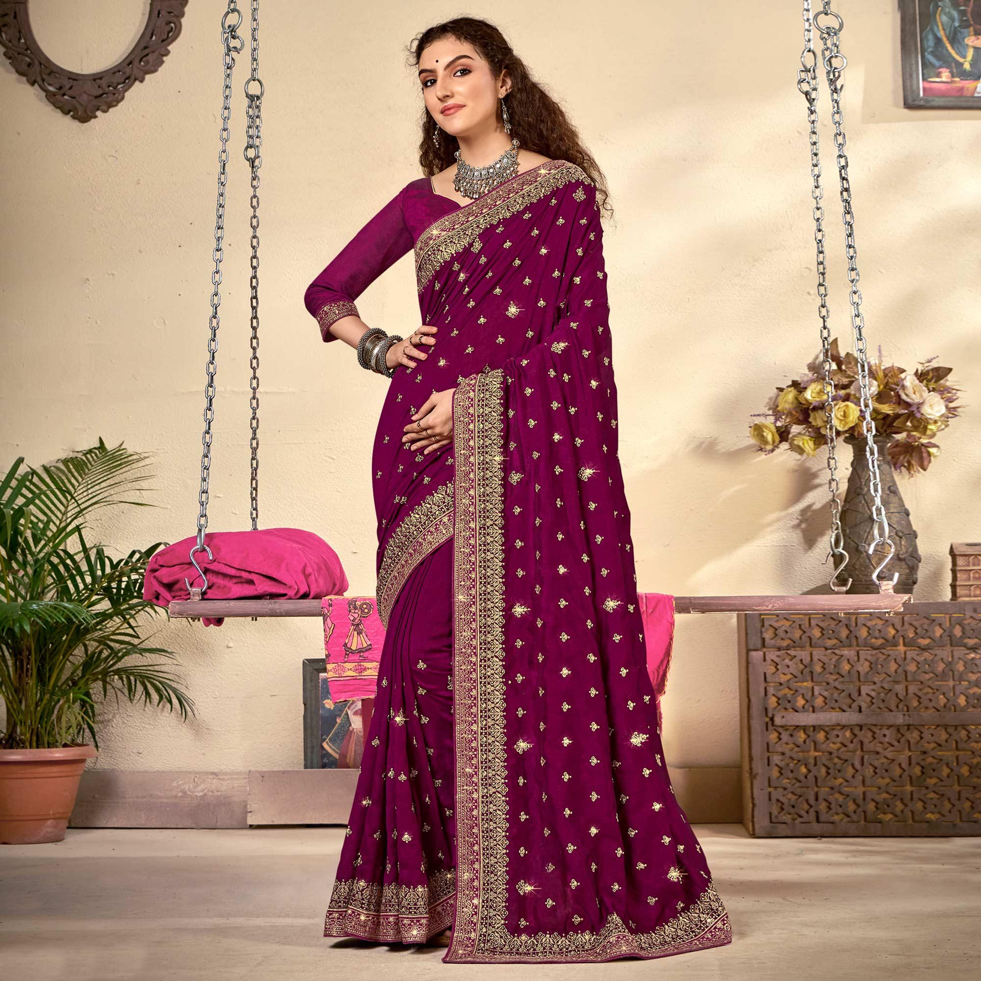 Wine Embroidered Vichitra Silk Saree - Peachmode
