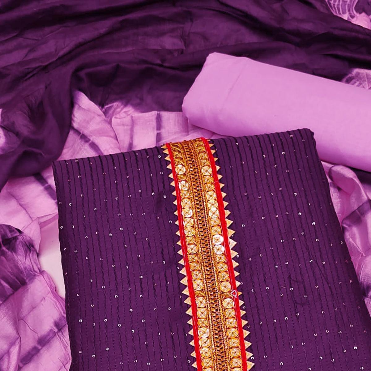 Wine Embroidered With Embellished Cotton Blend Dress Material - Peachmode