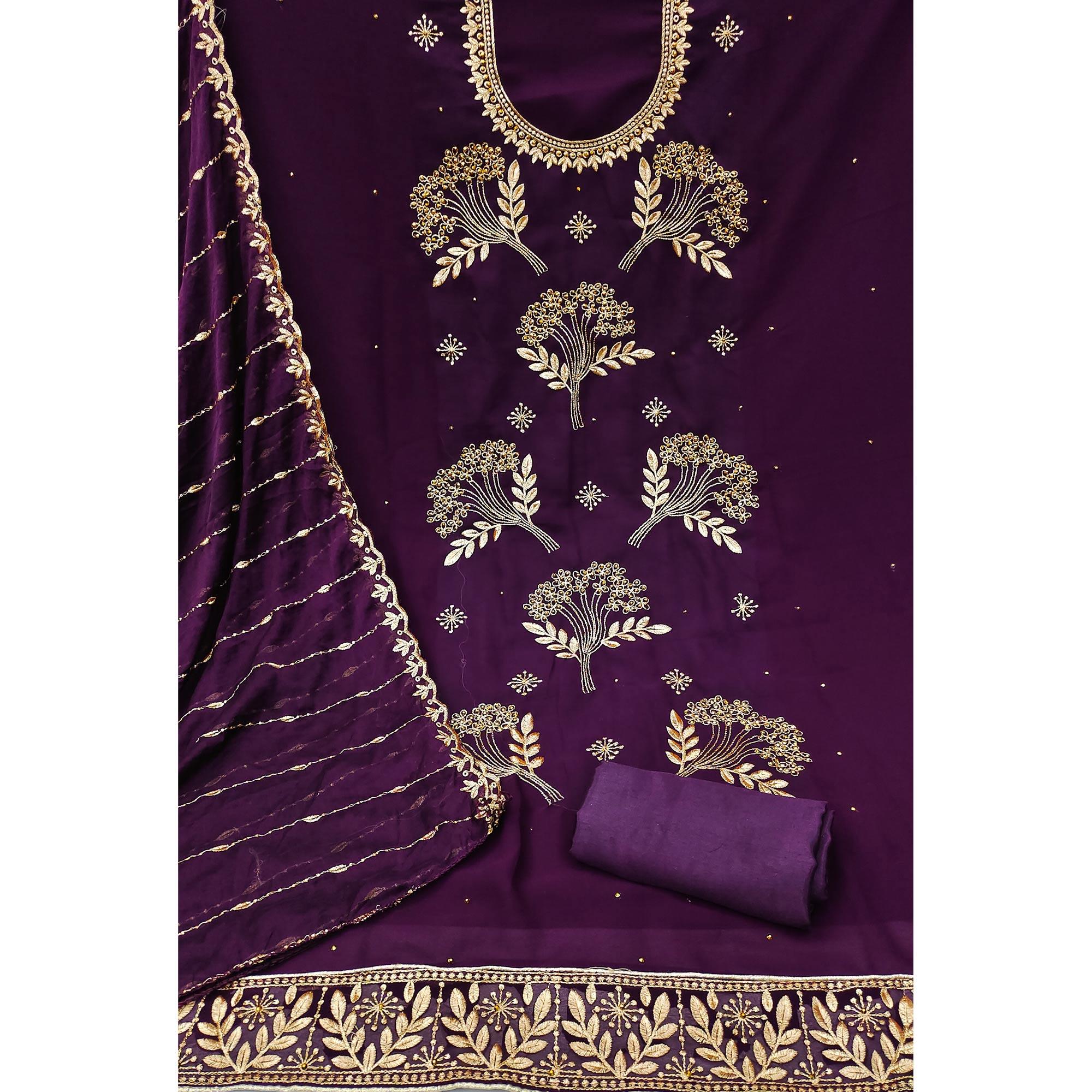 Wine Embroidered With Embellished Georgette Dress Material - Peachmode