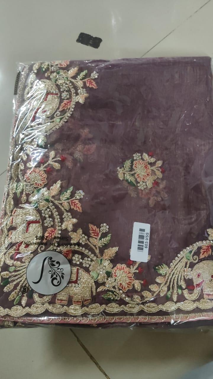 Wine Embroidered With Embellished Georgette Saree - Peachmode