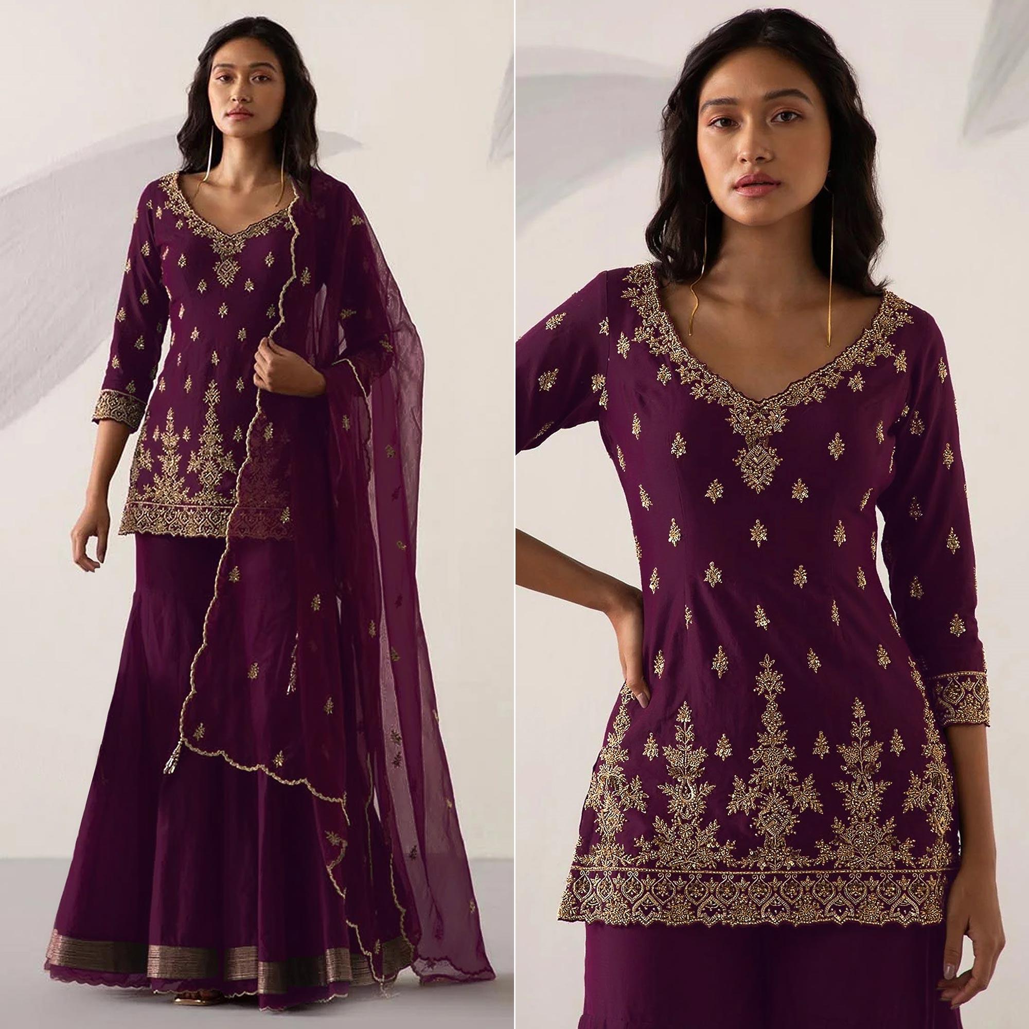 Wine Embroidered With Embellished Georgette Sharara Suit - Peachmode