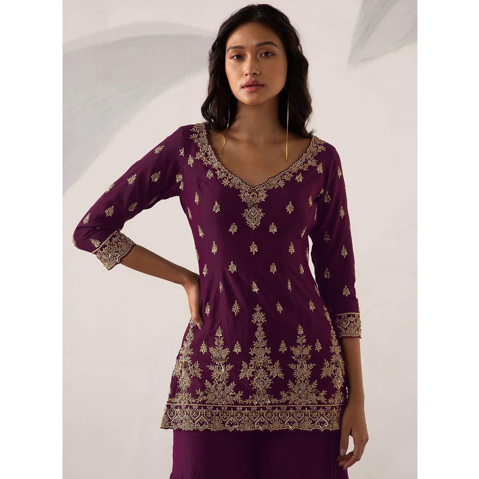 Wine Embroidered With Embellished Georgette Sharara Suit - Peachmode