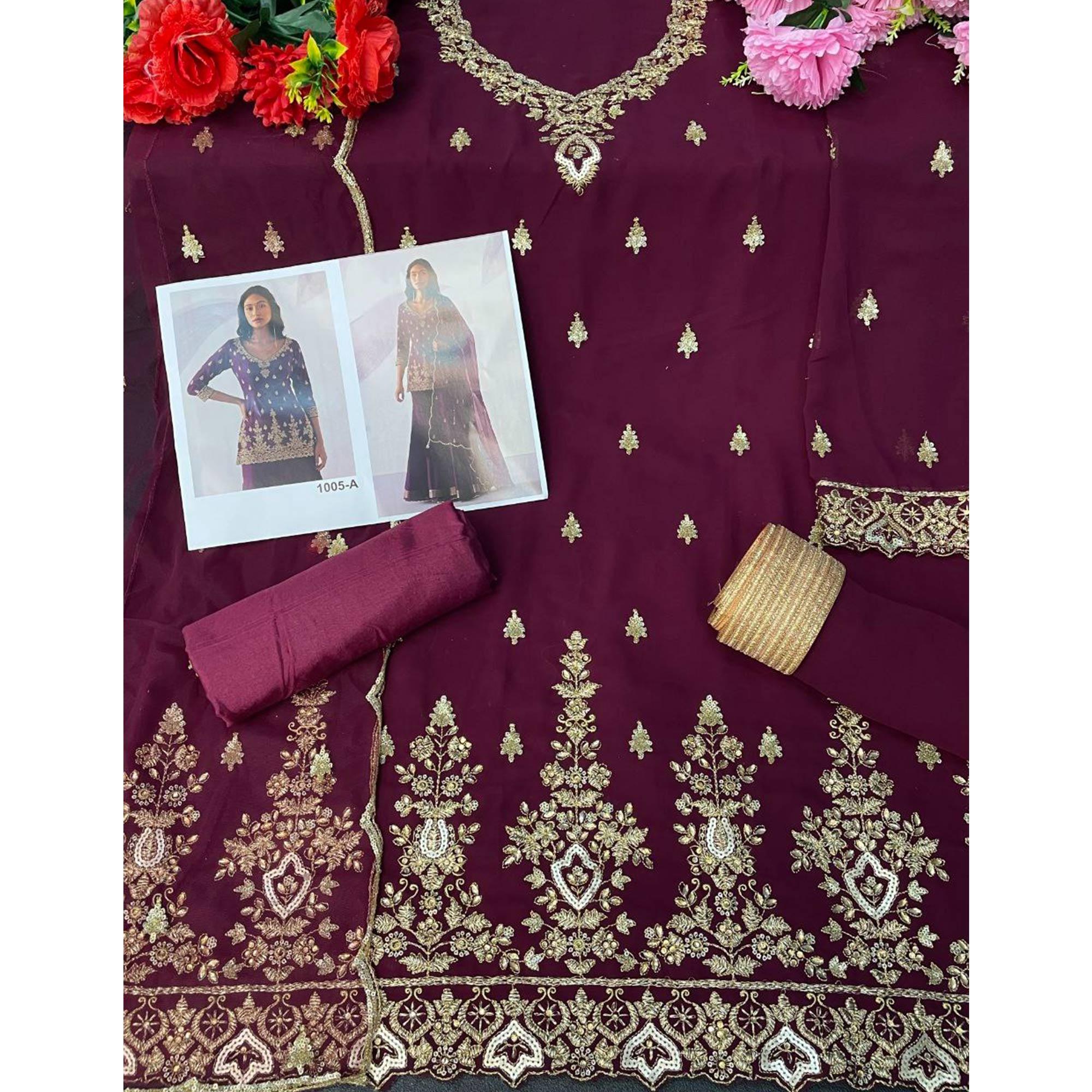Wine Embroidered With Embellished Georgette Sharara Suit - Peachmode