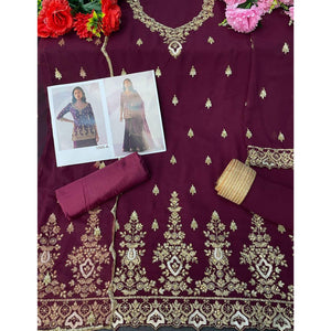 Wine Embroidered With Embellished Georgette Sharara Suit - Peachmode