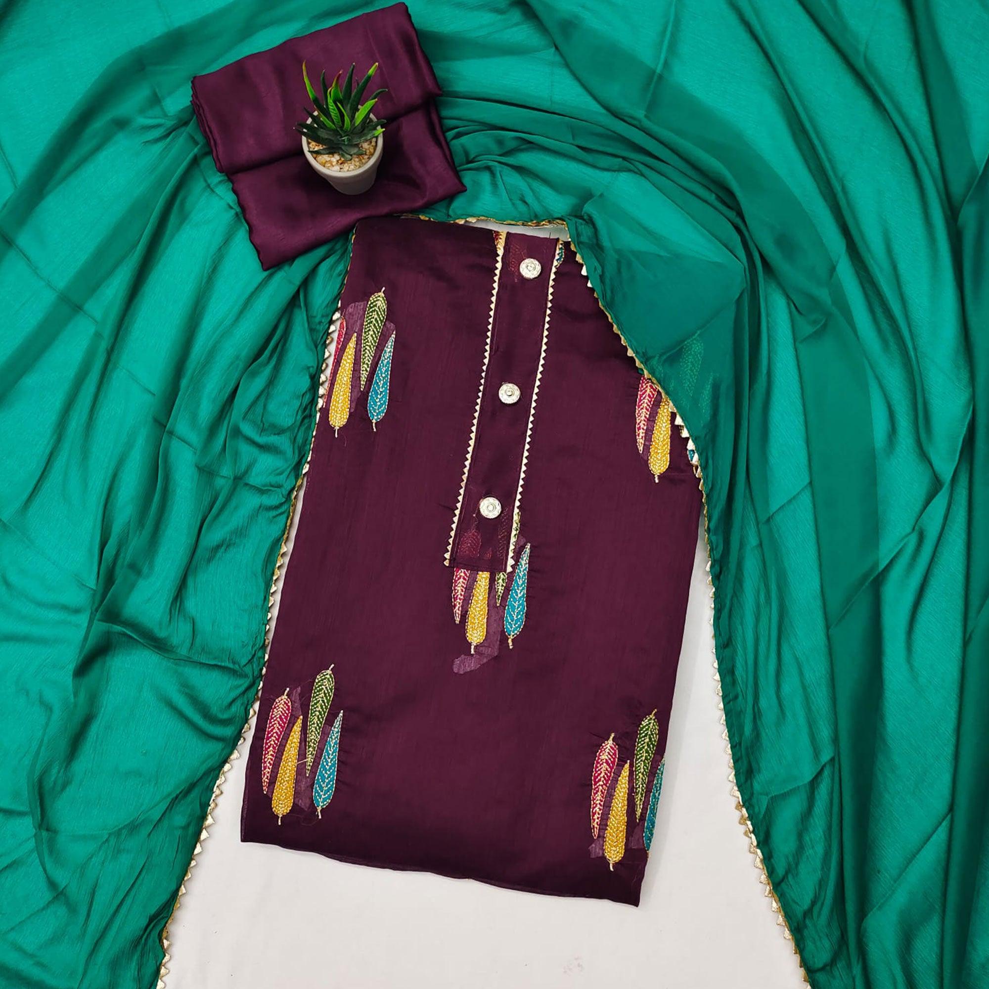Wine Embroidered With Gota Patti Work Chanderi Dress Material - Peachmode
