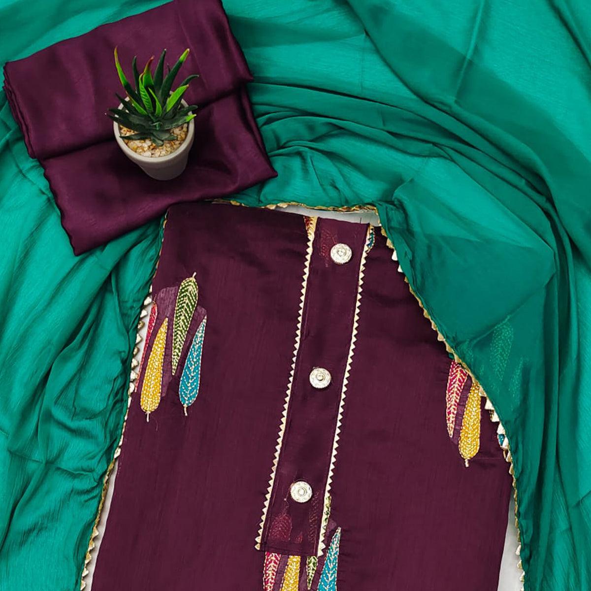 Wine Embroidered With Gota Patti Work Chanderi Dress Material - Peachmode