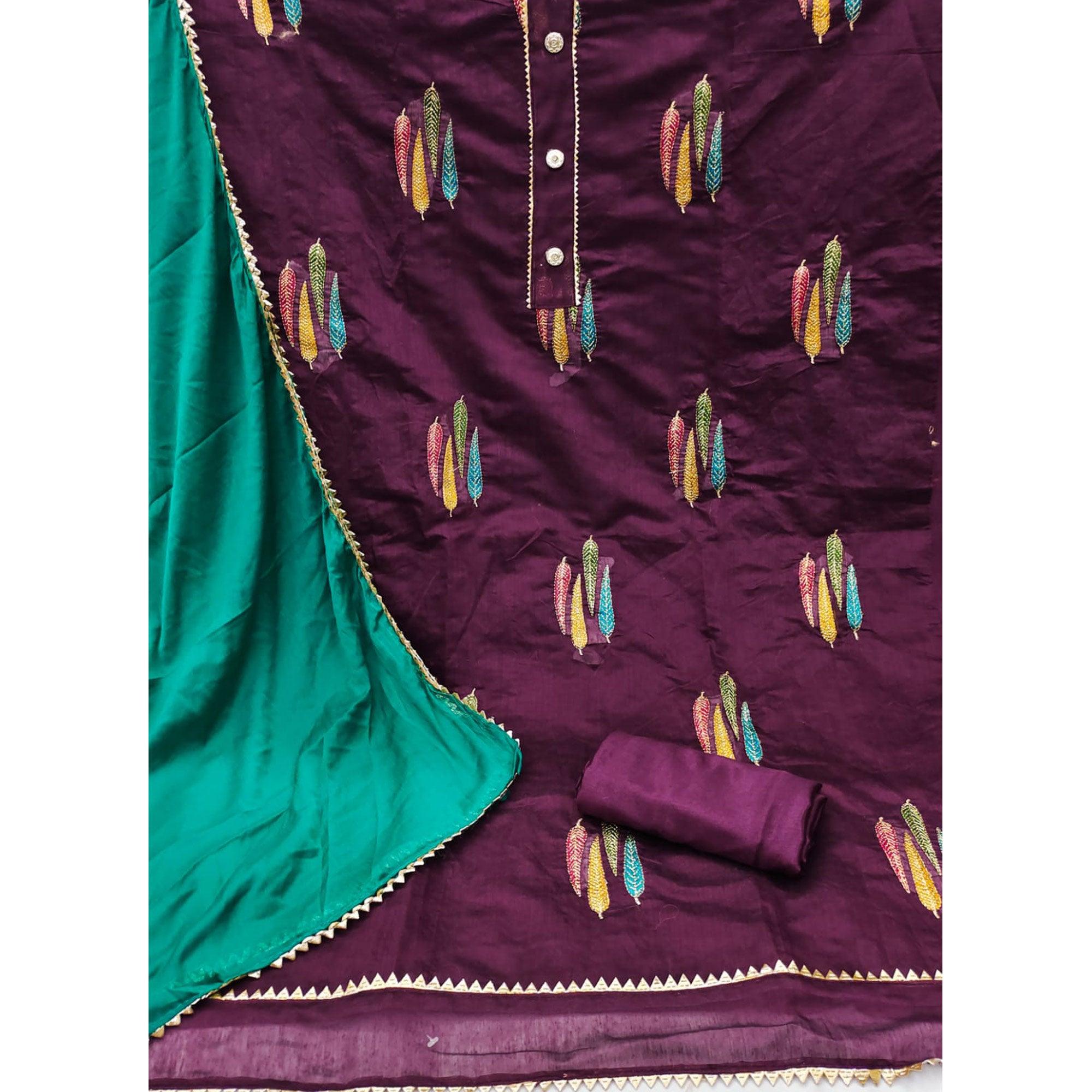 Wine Embroidered With Gota Patti Work Chanderi Dress Material - Peachmode