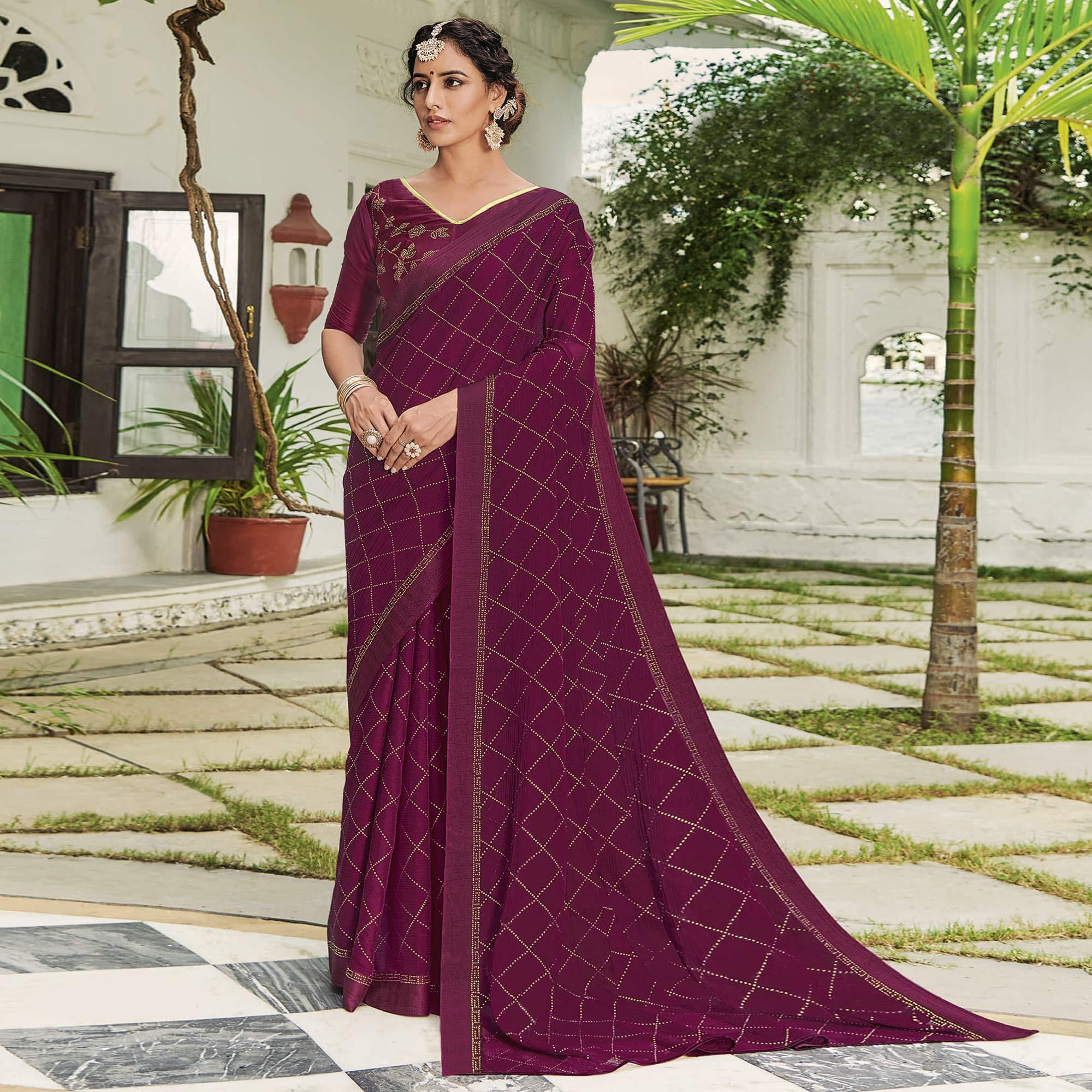 Wine Festive Wear Embellished Chiffon Saree - Peachmode