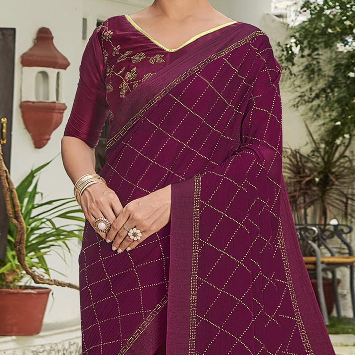 Wine Festive Wear Embellished Chiffon Saree - Peachmode