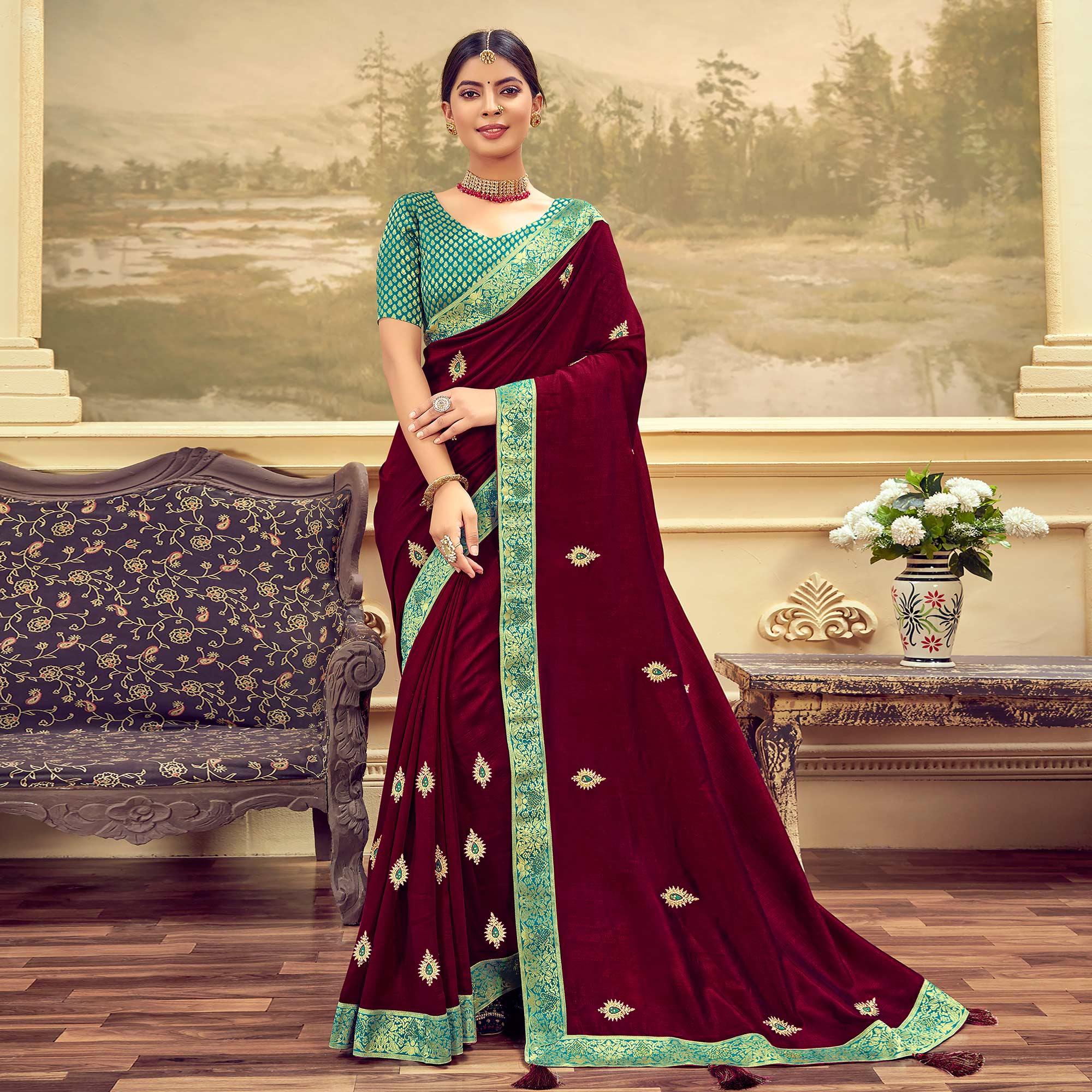 Wine Festive Wear Embroidered & Swarovski Silk Saree - Peachmode