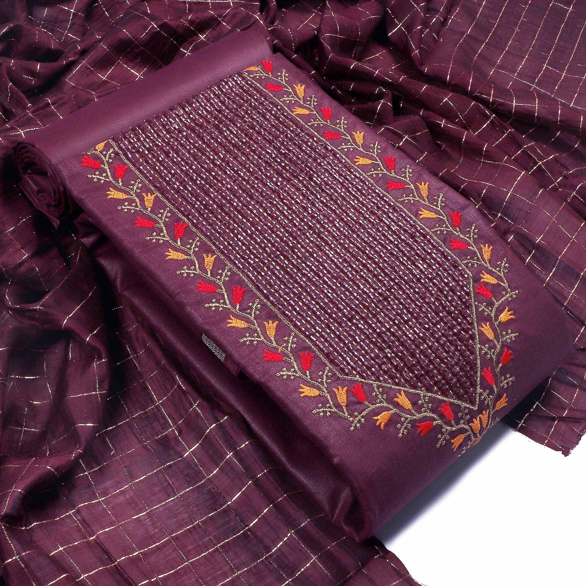 Wine Festive Wear Embroidered Cotton Dress Material - Peachmode