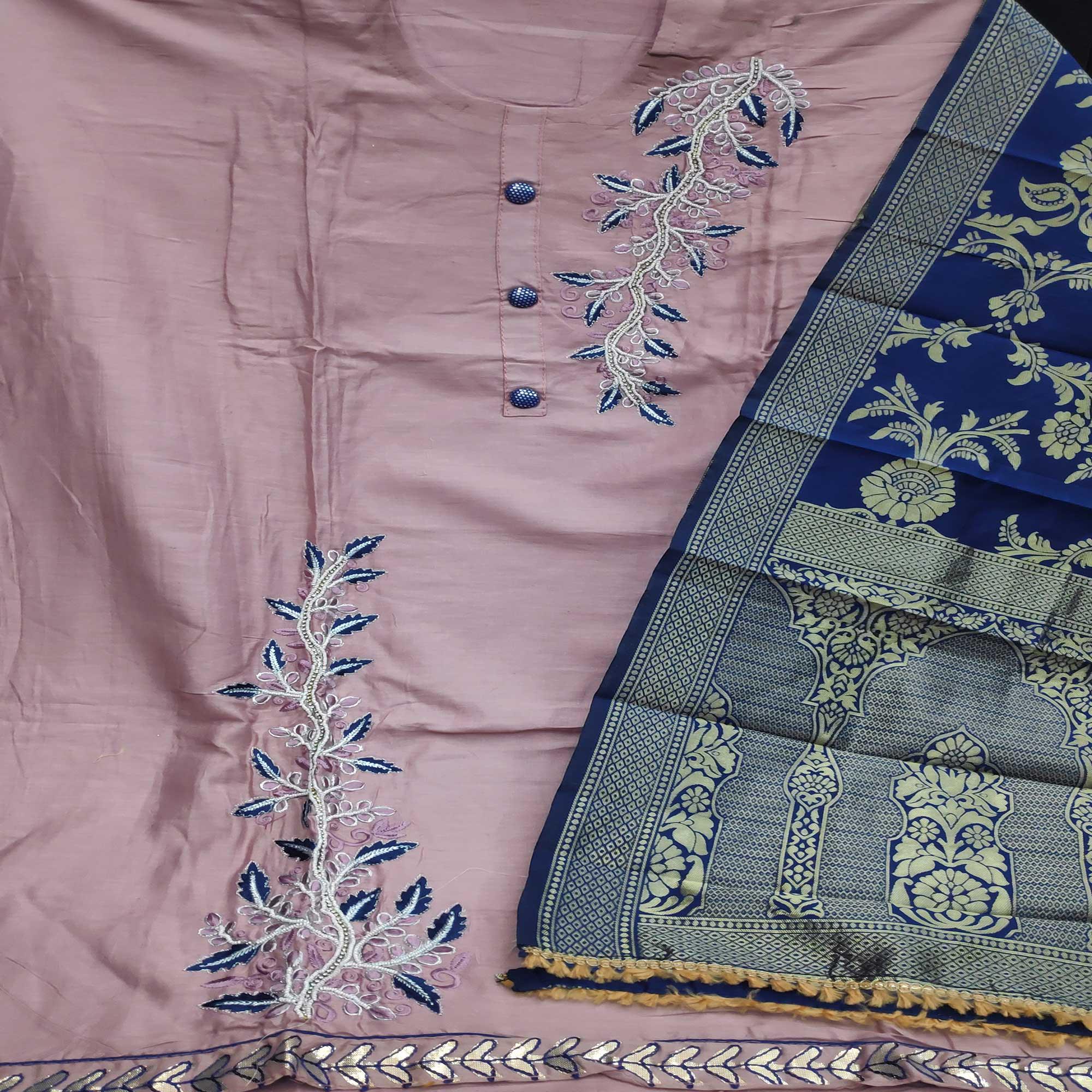 Wine Festive Wear Embroidered Cotton Dress Material - Peachmode