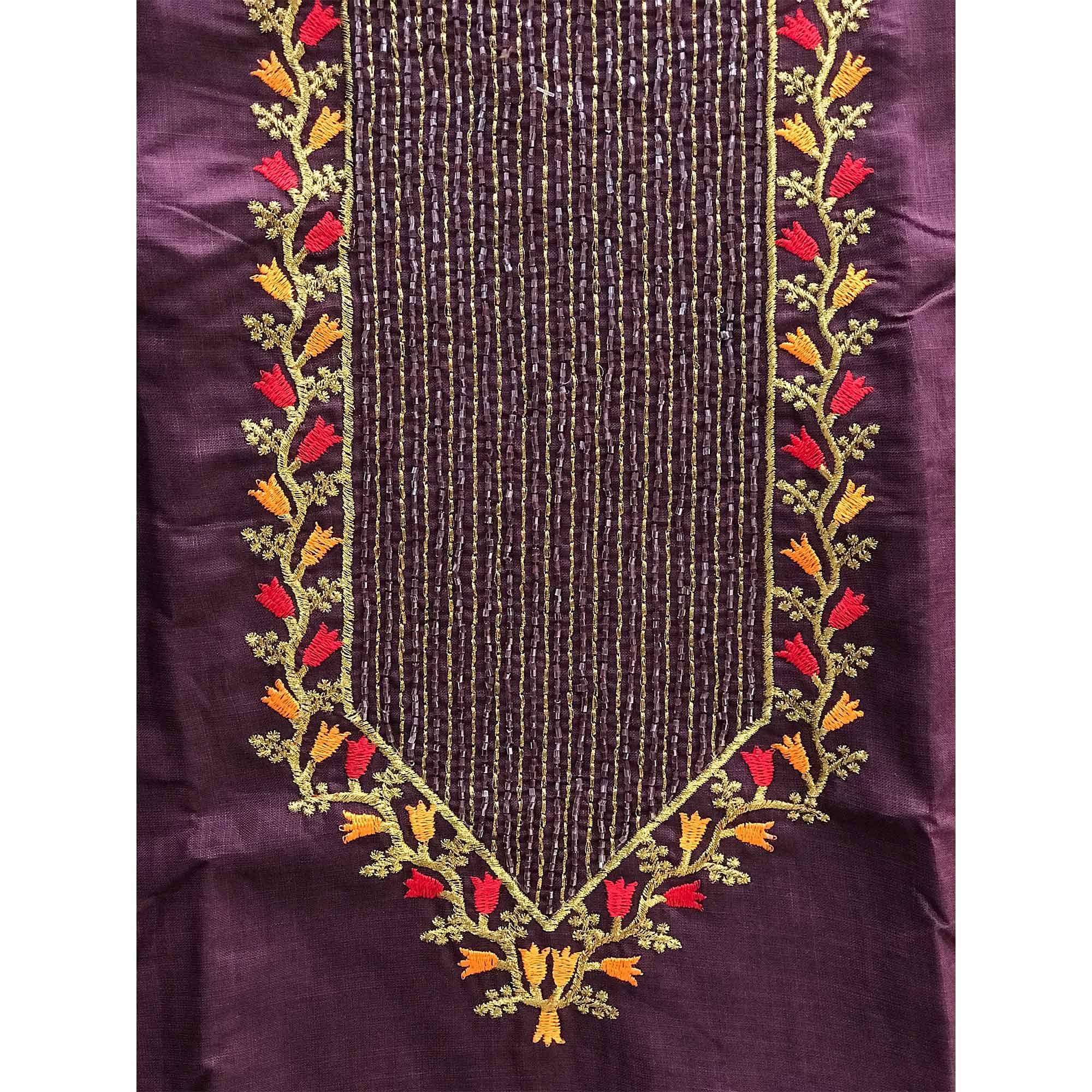 Wine Festive Wear Embroidered Cotton Dress Material - Peachmode