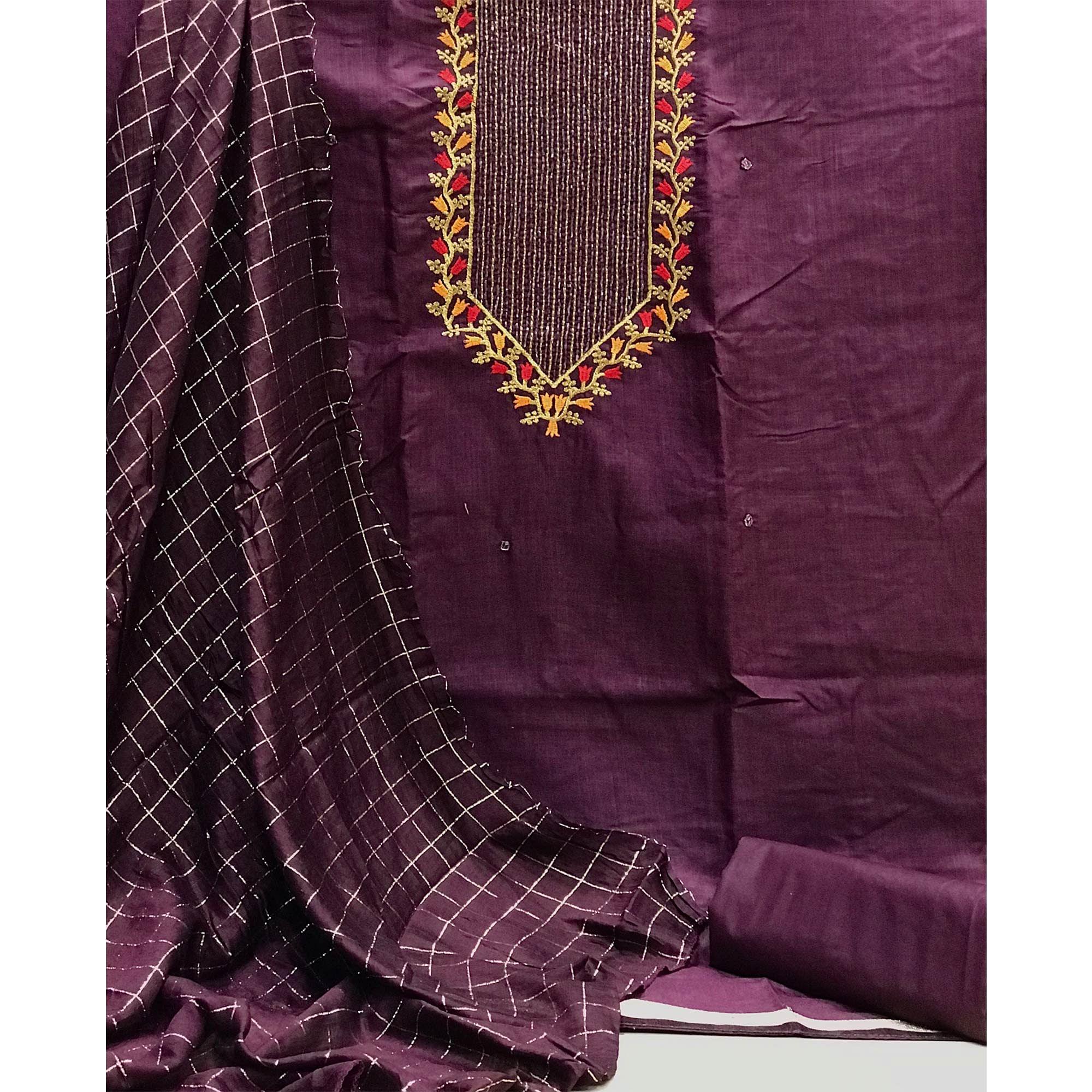 Wine Festive Wear Embroidered Cotton Dress Material - Peachmode