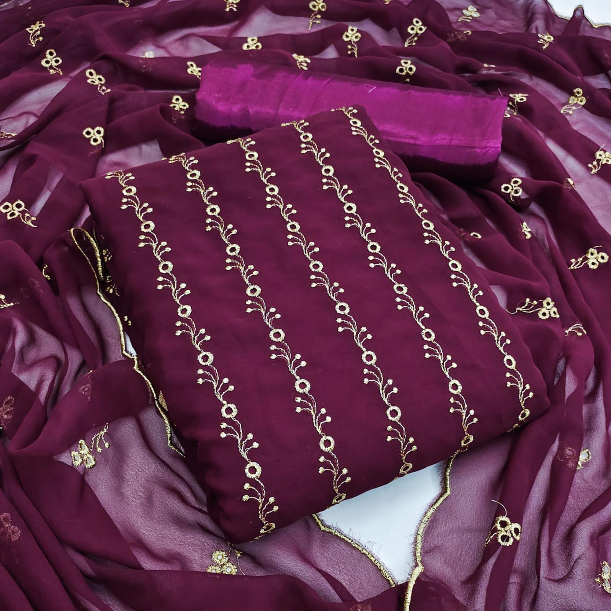 Wine Festive Wear Embroidered Georgette Dress Material - Peachmode