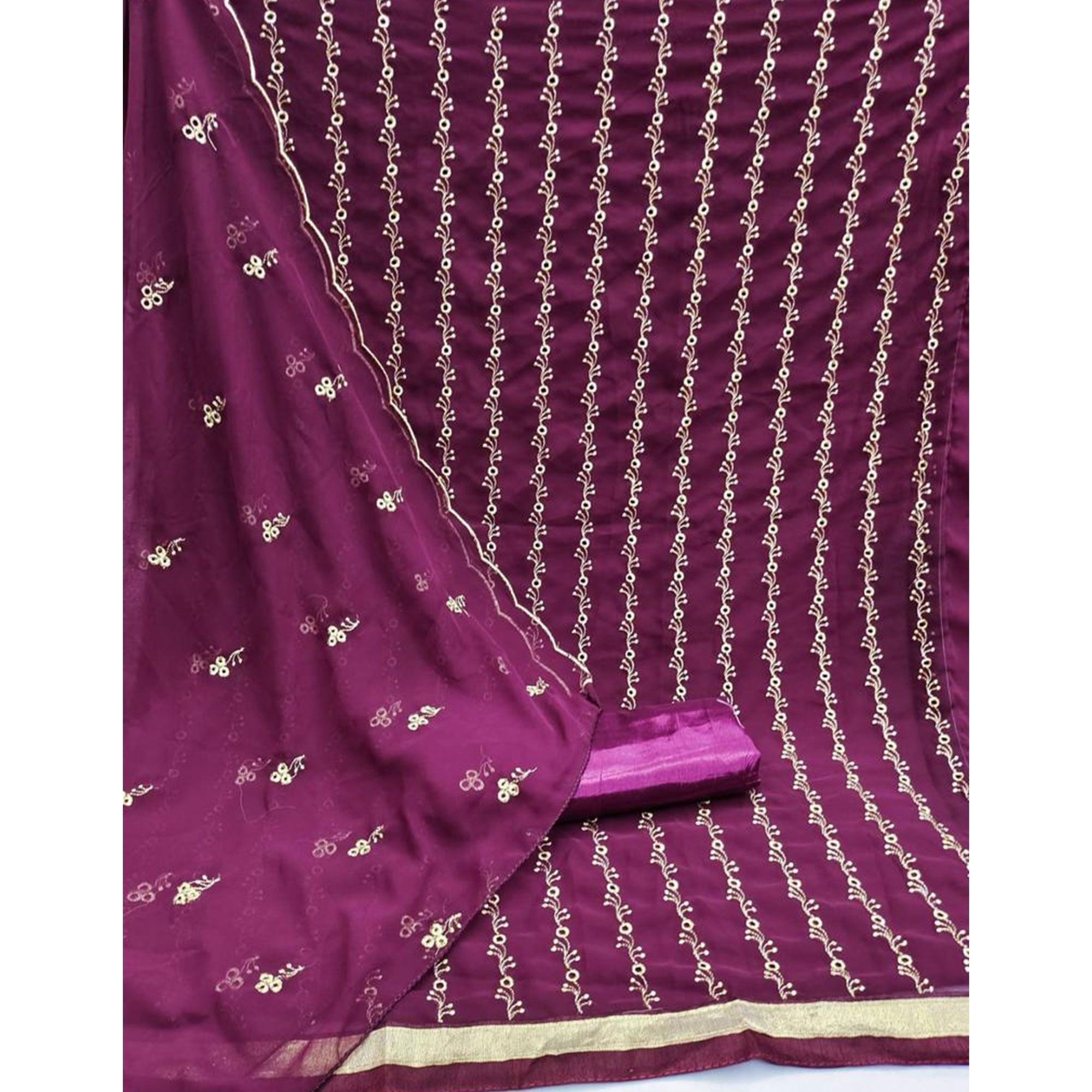 Wine Festive Wear Embroidered Georgette Dress Material - Peachmode