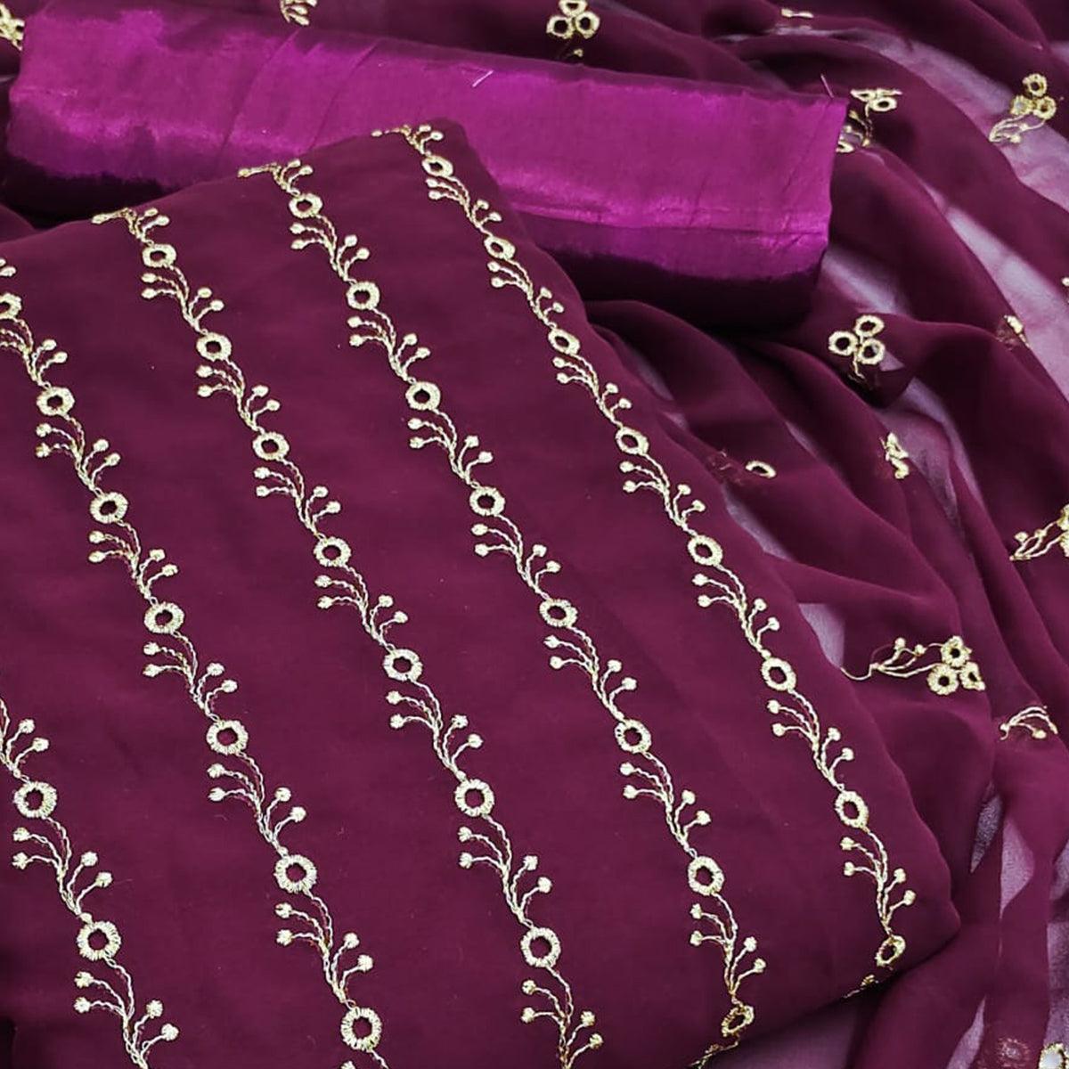 Wine Festive Wear Embroidered Georgette Dress Material - Peachmode