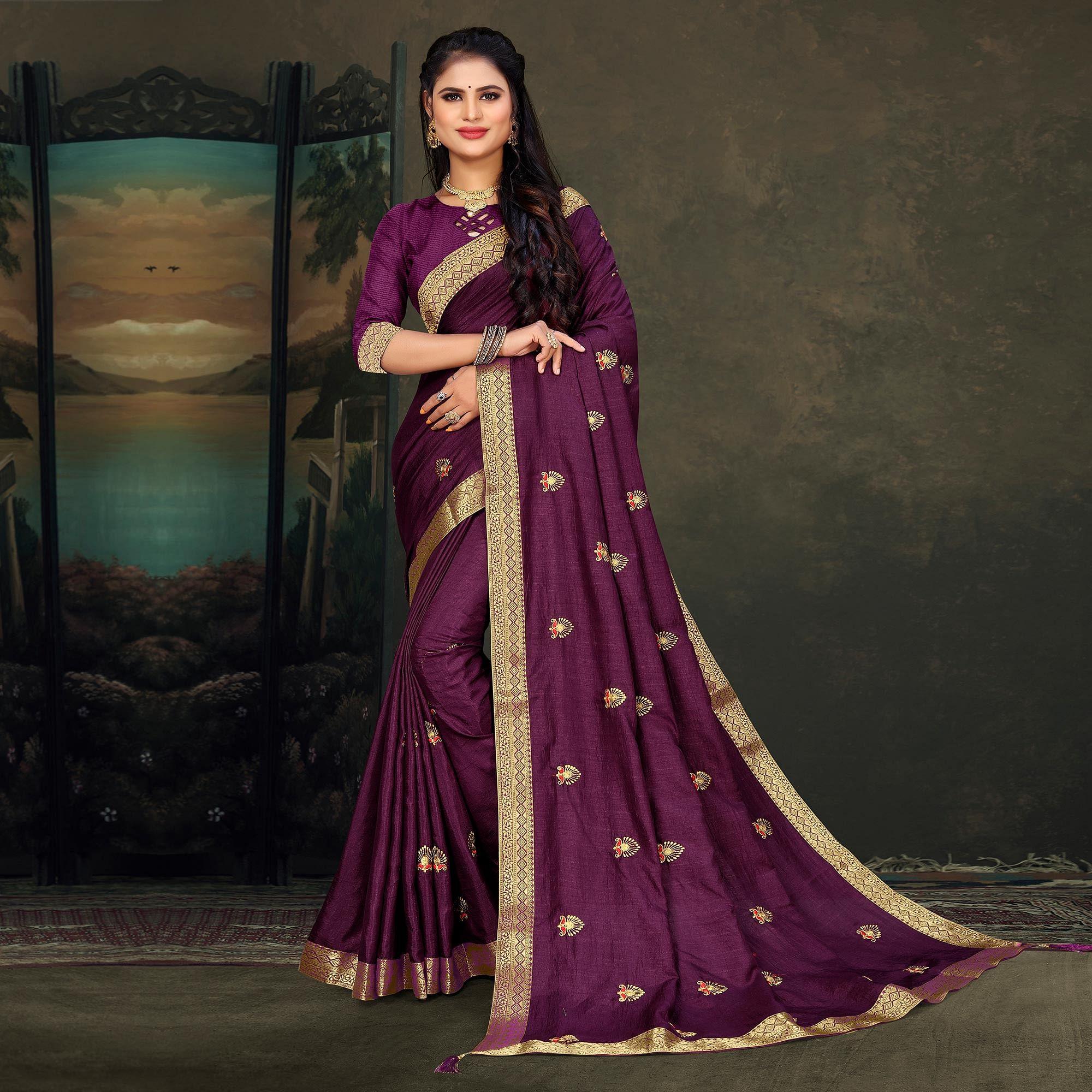 Wine Festive Wear Embroidered Vichitra Silk Saree - Peachmode