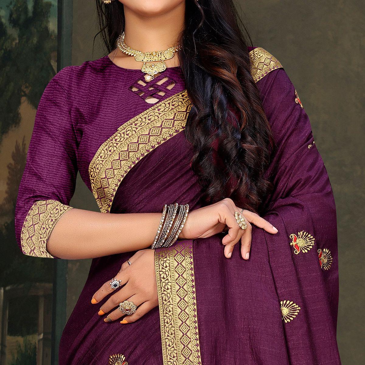 Wine Festive Wear Embroidered Vichitra Silk Saree - Peachmode