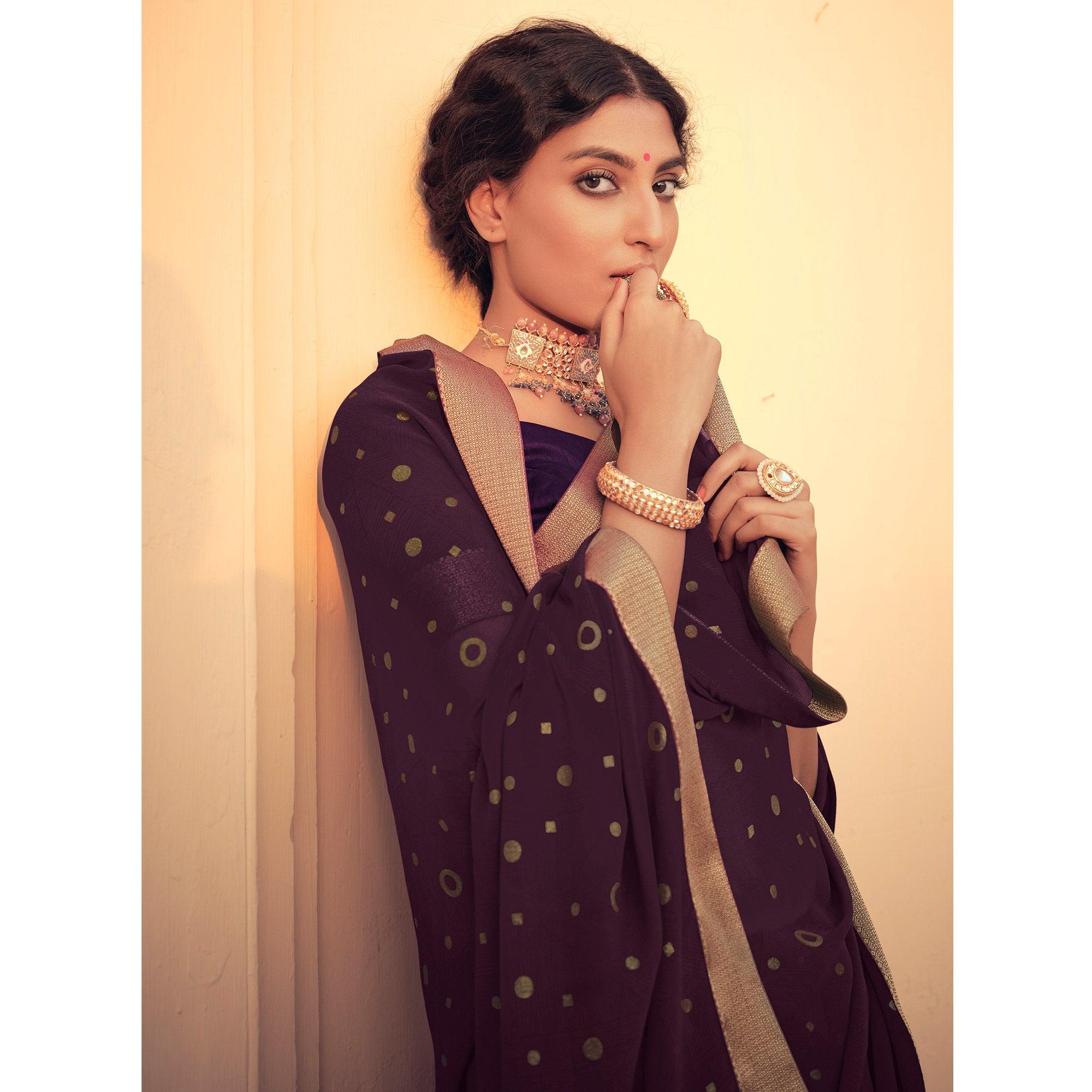 Wine Festive Wear Fancy Smoke Printed Georgette Saree Fancy Lace - Peachmode