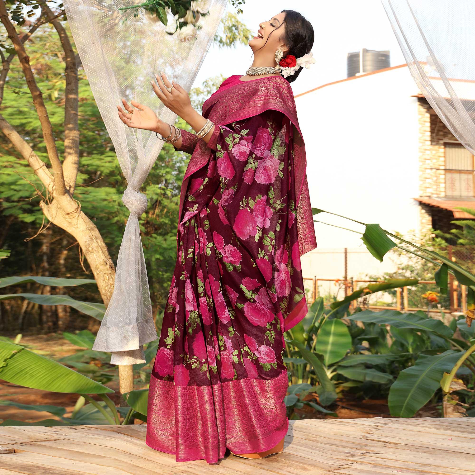 Wine Festive Wear Floral Printed Soft Cotton Saree - Peachmode