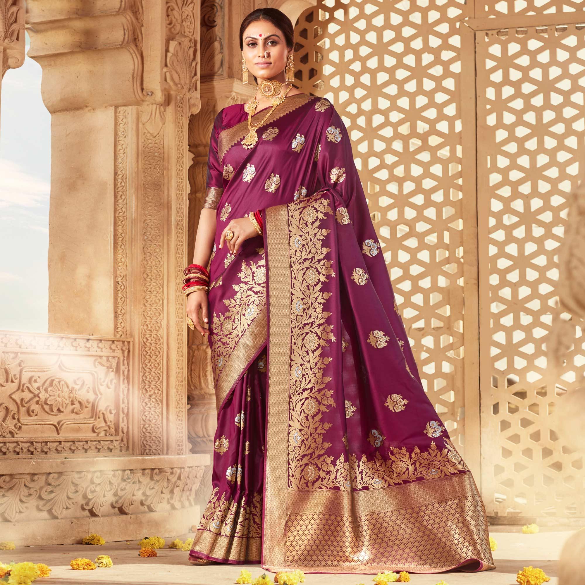 Wine Festive Wear Floral Woven Banarasi Silk Saree - Peachmode