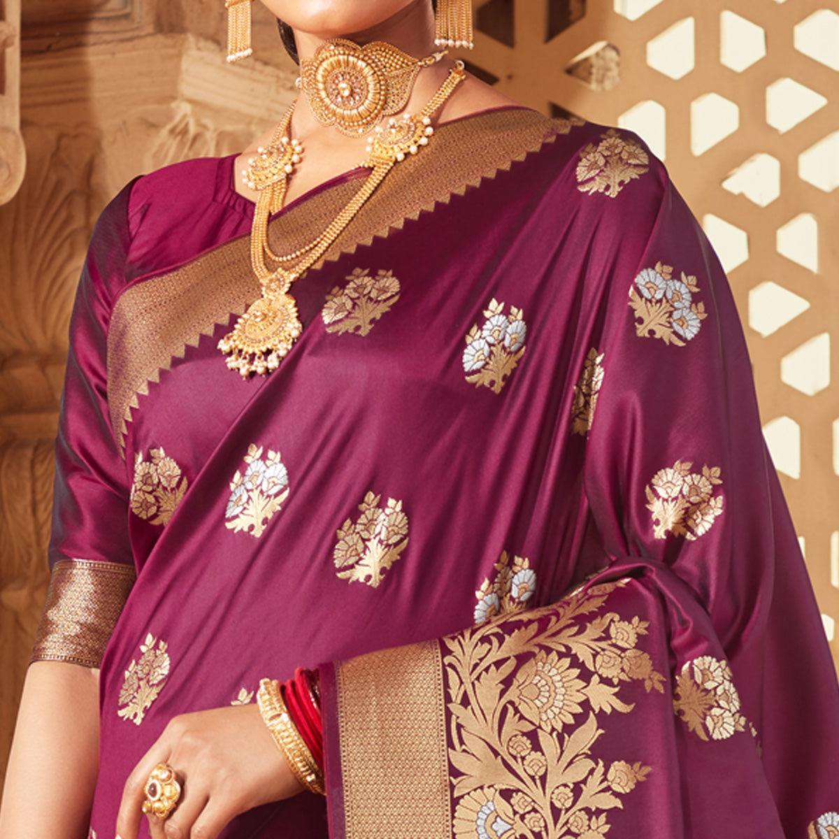 Wine Festive Wear Floral Woven Banarasi Silk Saree - Peachmode