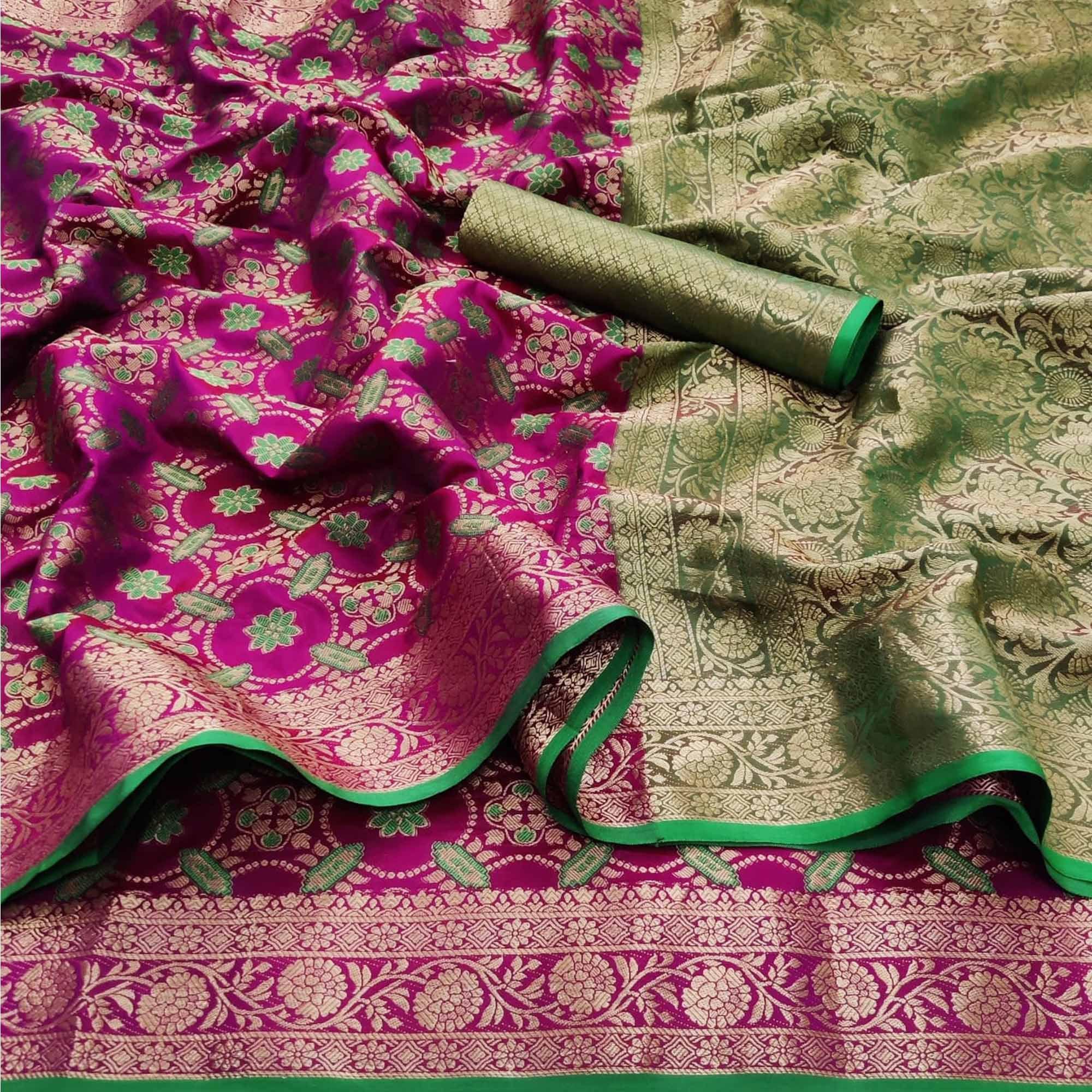 Wine Festive Wear Floral Woven Heavy Silk Saree - Peachmode