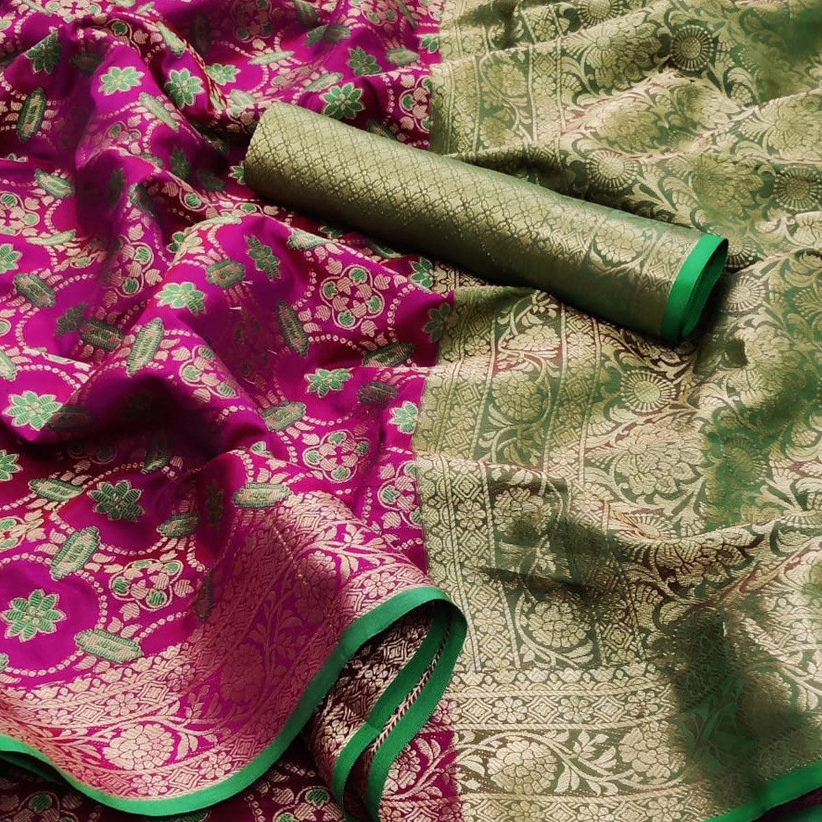 Wine Festive Wear Floral Woven Heavy Silk Saree - Peachmode