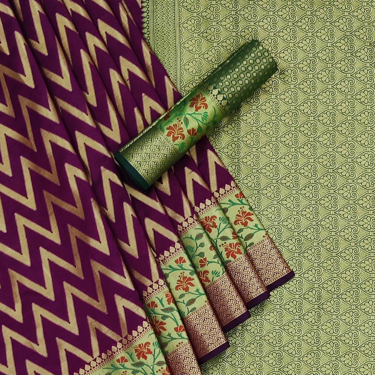 Wine Festive Wear Floral Woven Silk Saree - Peachmode