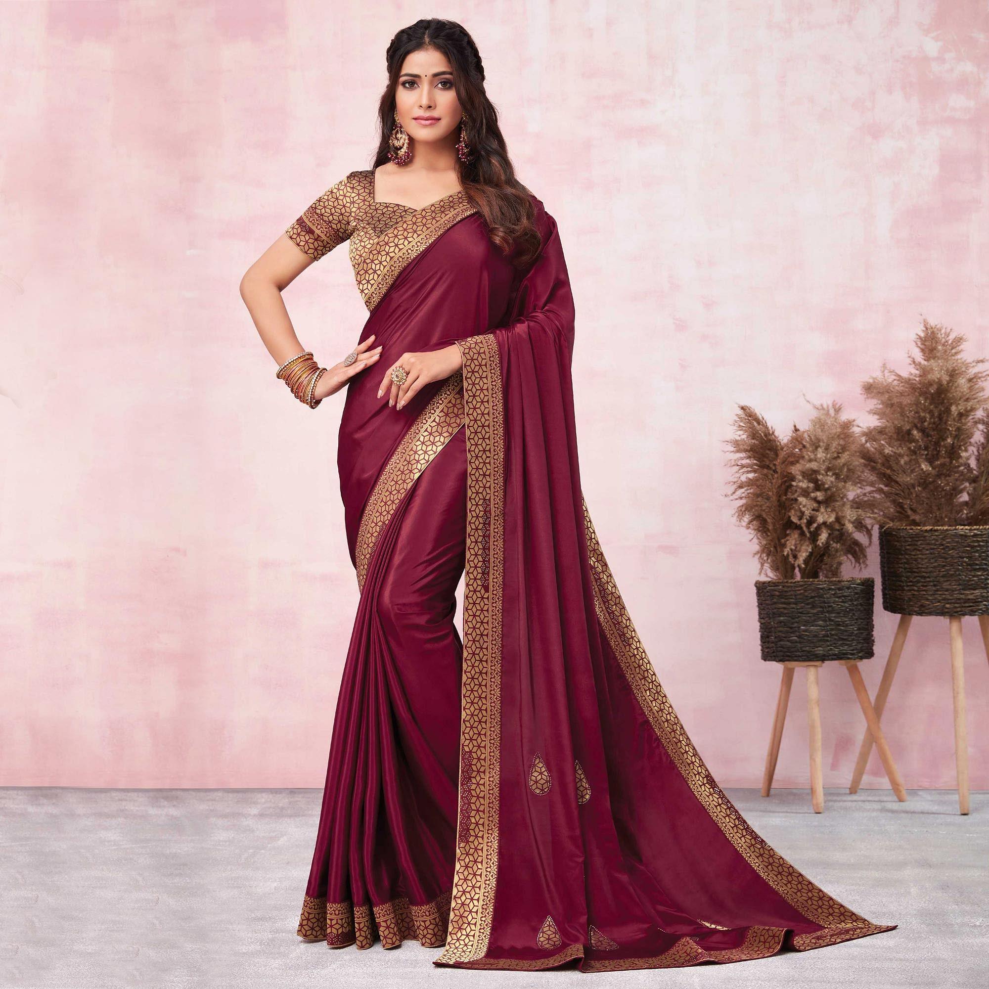 Wine Festive Wear Heavy Silk Saree With Banarasi Lace Border - Peachmode