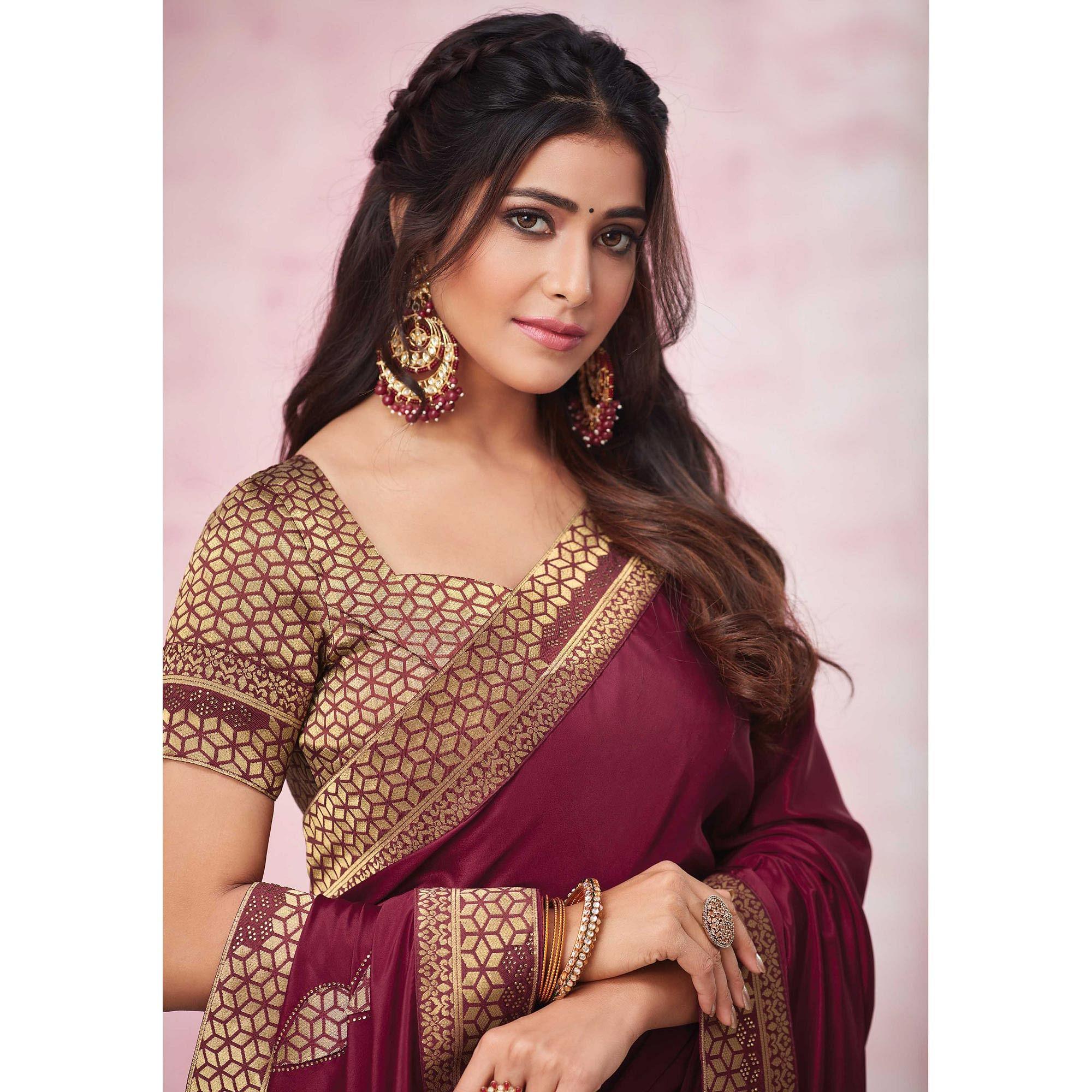 Wine Festive Wear Heavy Silk Saree With Banarasi Lace Border - Peachmode
