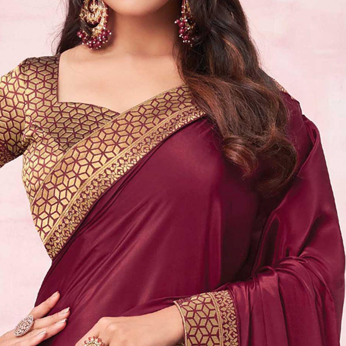 Wine Festive Wear Heavy Silk Saree With Banarasi Lace Border - Peachmode