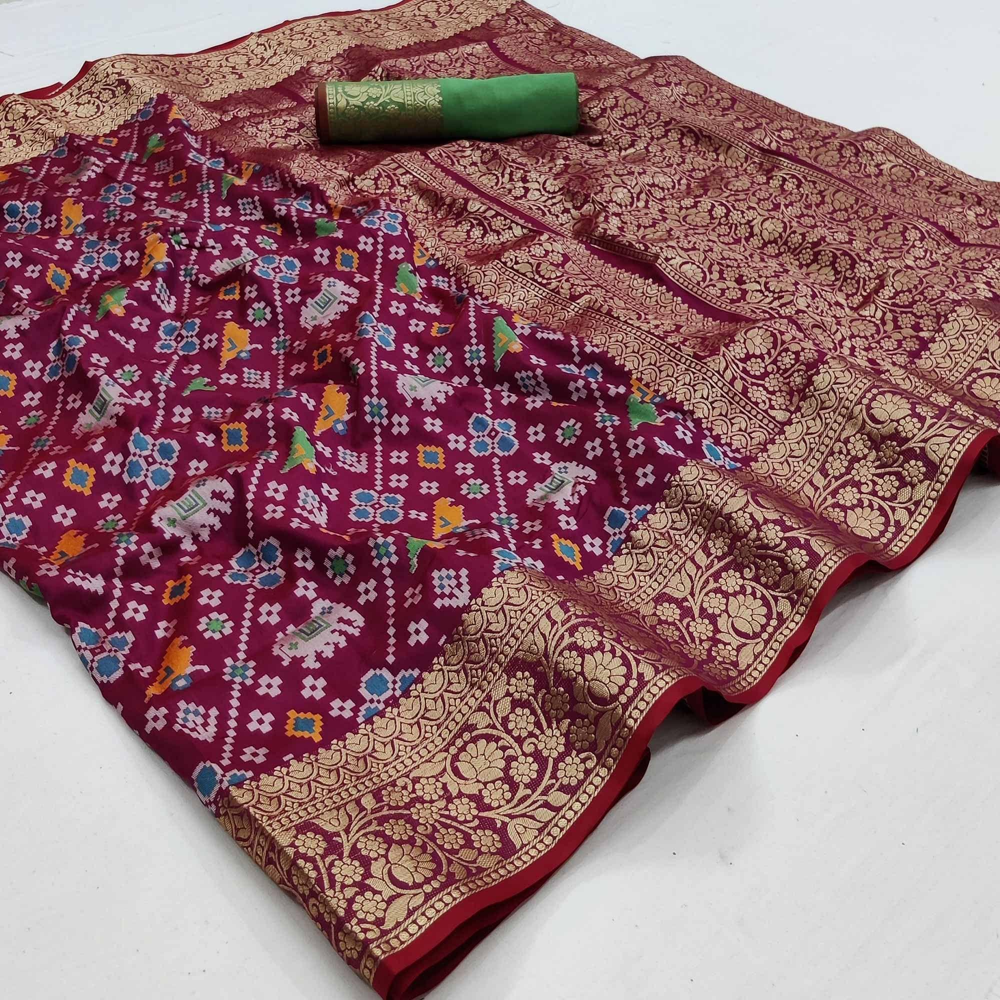 Wine Festive Wear Patola Printed Art Silk Saree - Peachmode