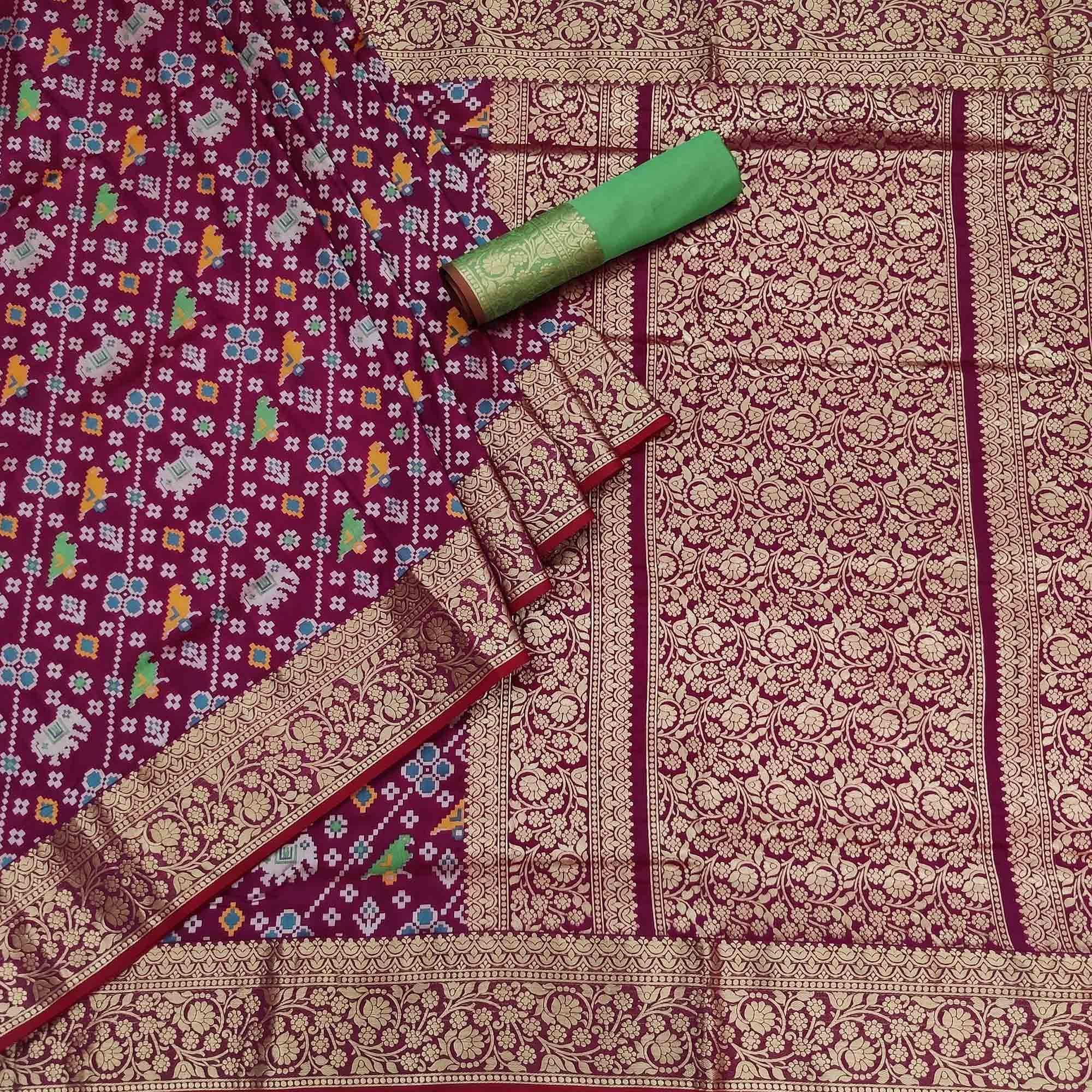 Wine Festive Wear Patola Printed Art Silk Saree - Peachmode