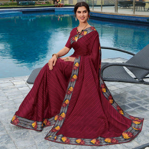 Wine Festive Wear Printed Brasso Saree - Peachmode