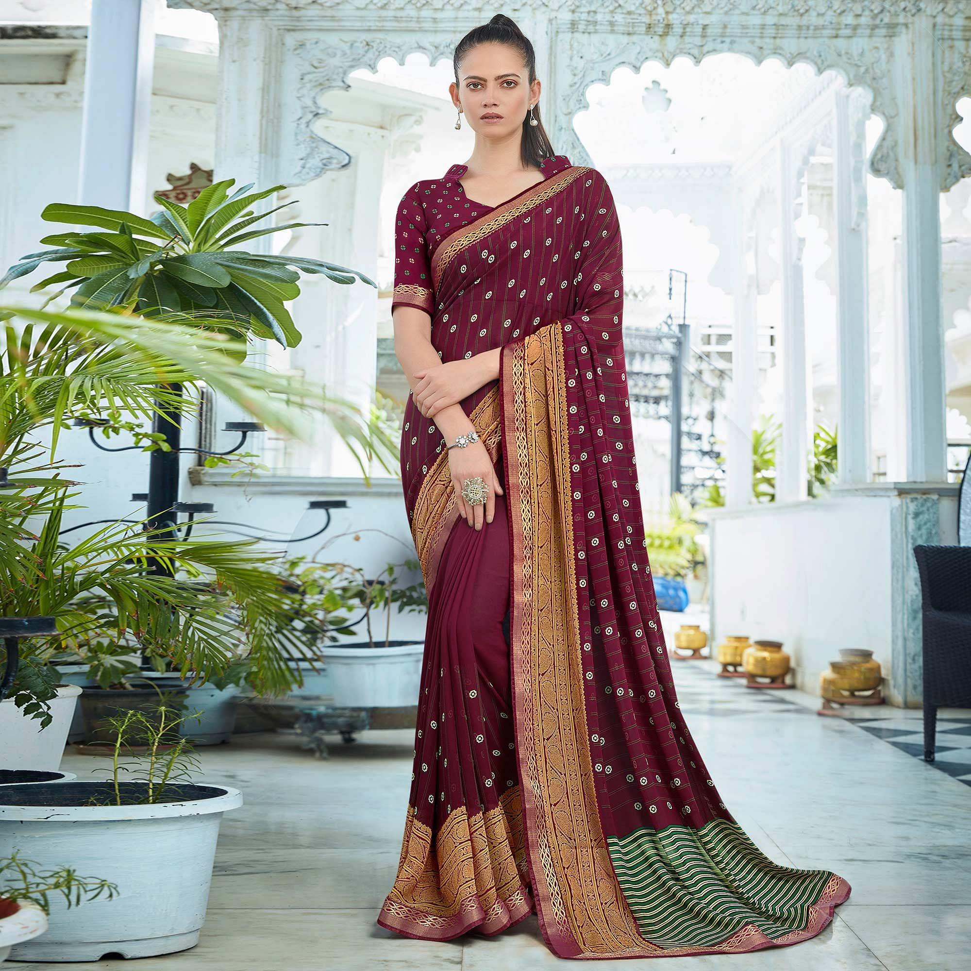 Wine Festive Wear Printed Georgette Saree With Border - Peachmode