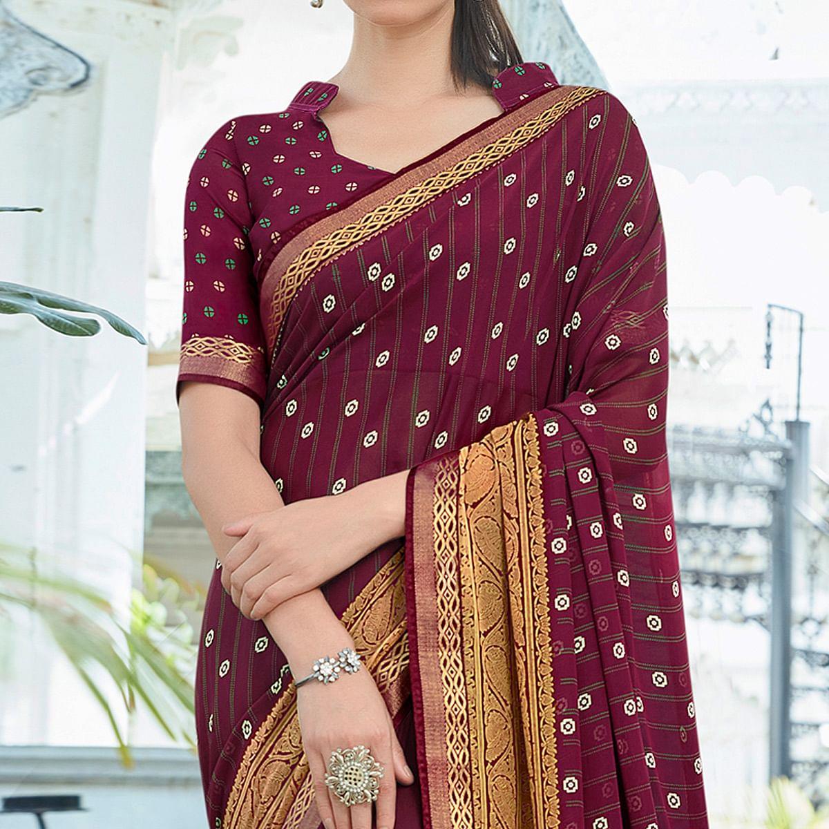 Wine Festive Wear Printed Georgette Saree With Border - Peachmode