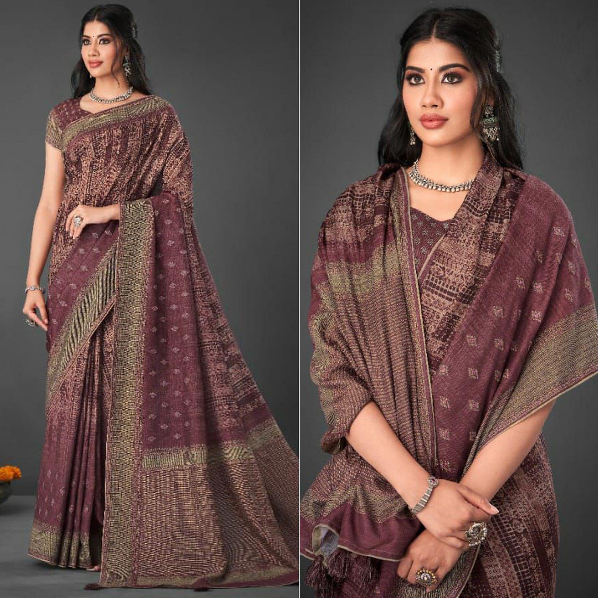 Wine Festive Wear Printed Silk Saree - Peachmode
