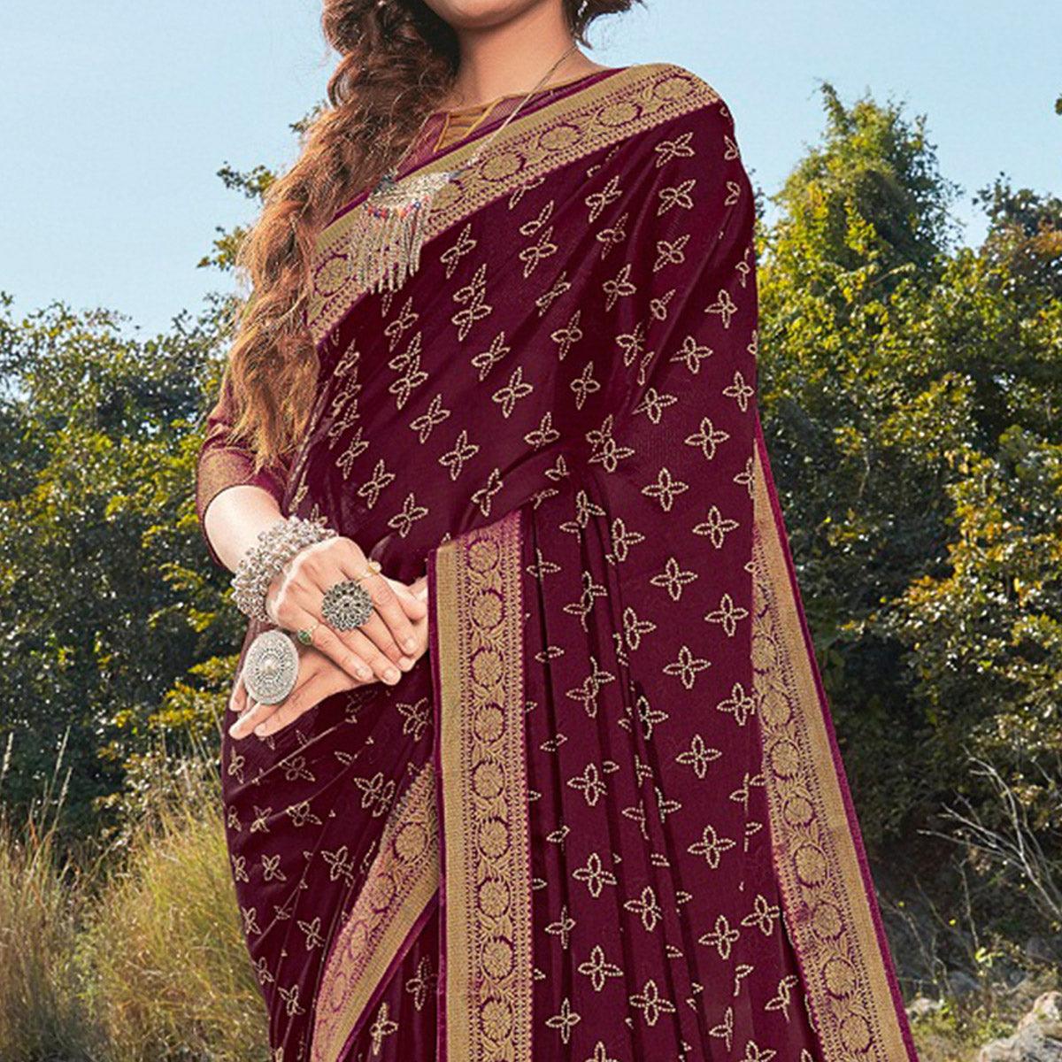 Wine Festive Wear Printed Silk Saree - Peachmode