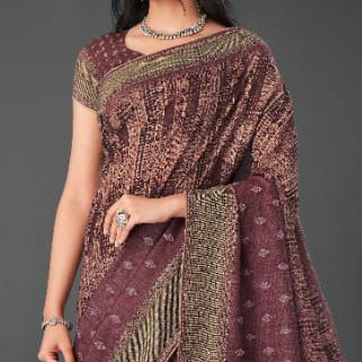 Wine Festive Wear Printed Silk Saree - Peachmode