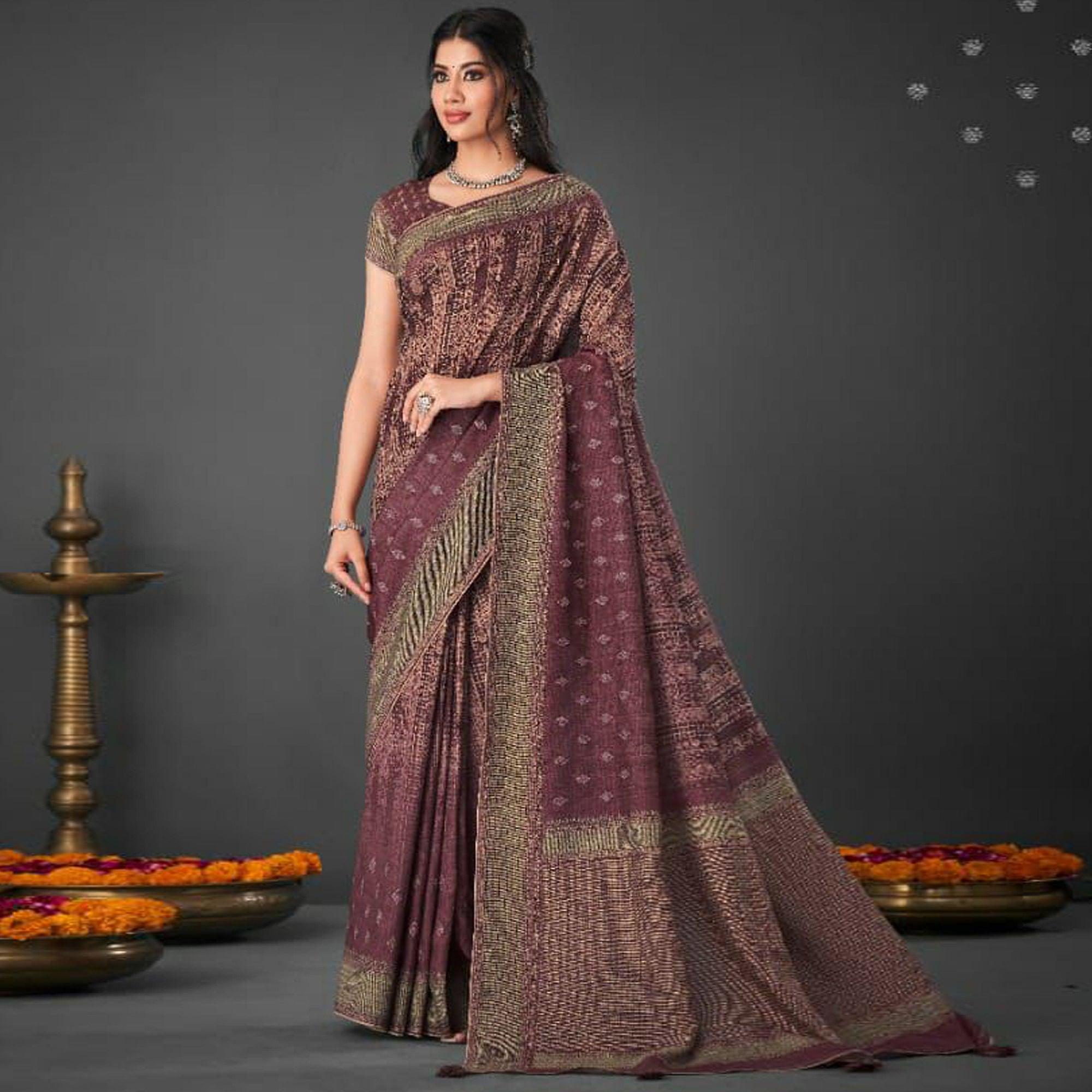 Wine Festive Wear Printed Silk Saree - Peachmode