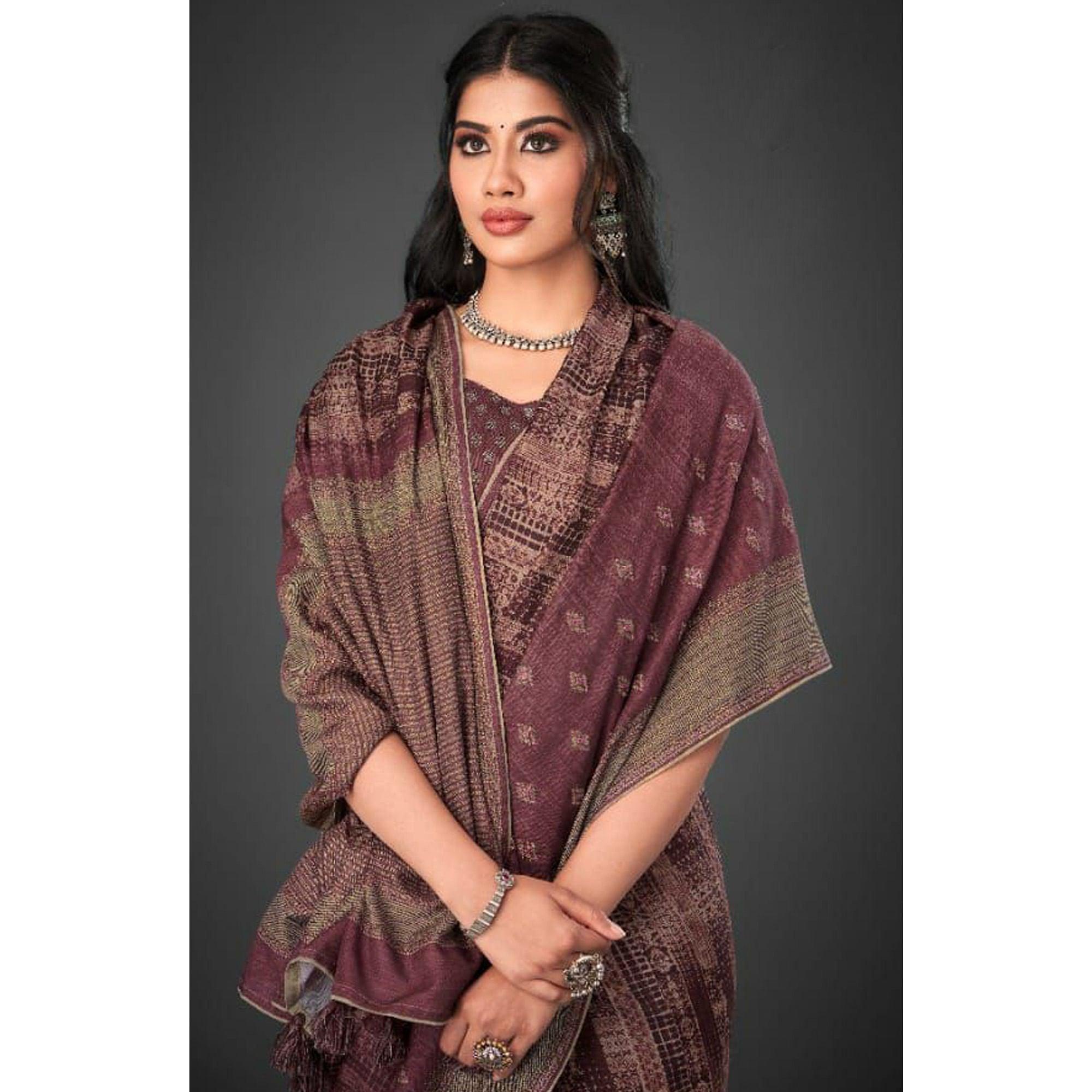 Wine Festive Wear Printed Silk Saree - Peachmode