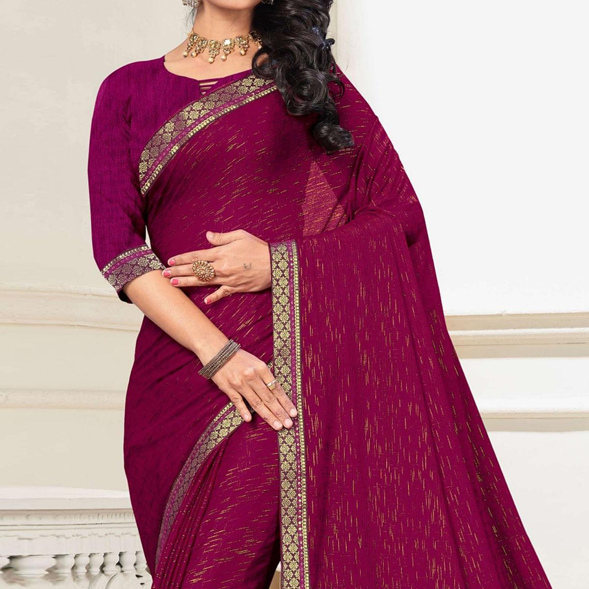Wine Festive Wear Printed With Banarasi Lace Art Silk Saree - Peachmode
