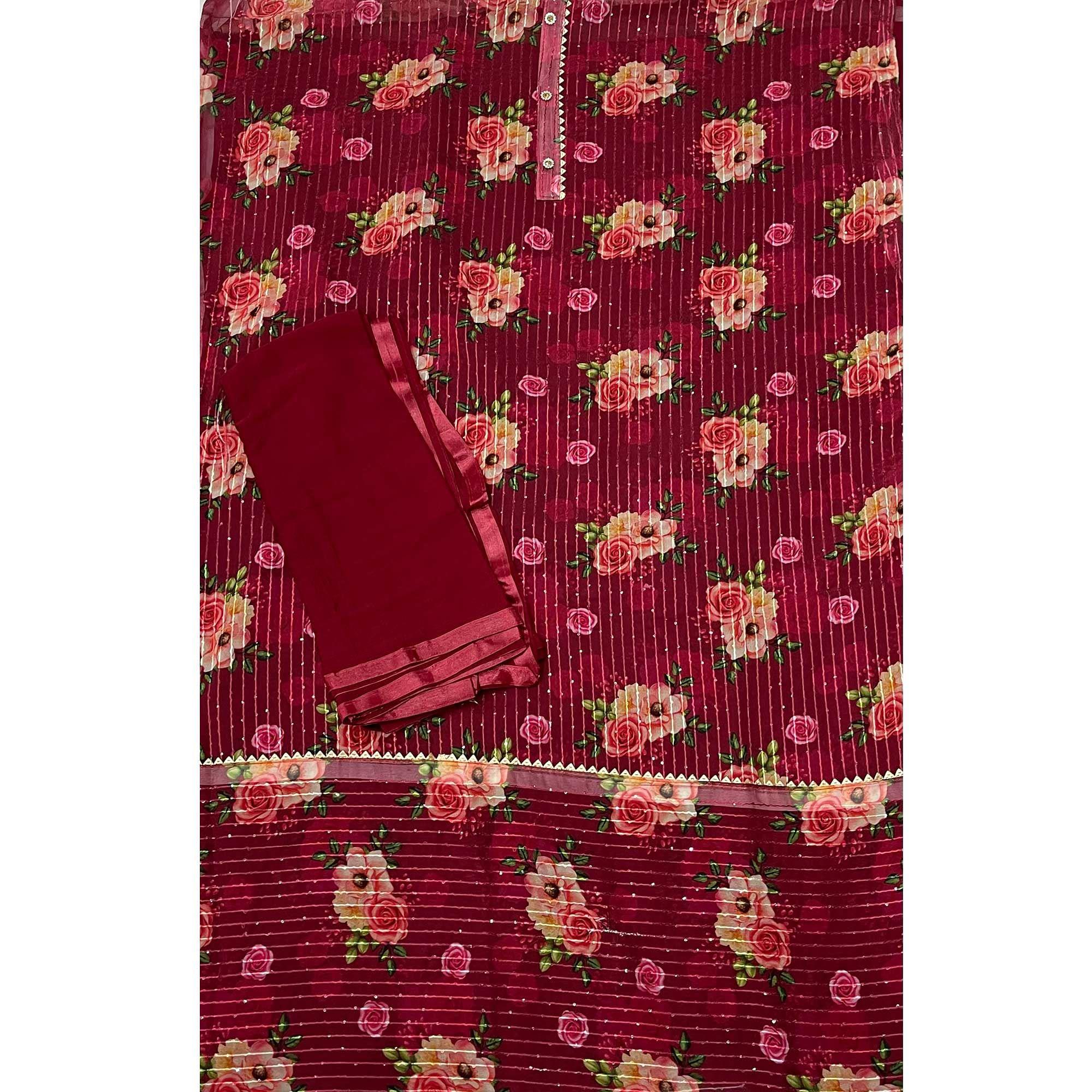 Wine Festive Wear Sequence Embroidered Georgette Dress Material - Peachmode