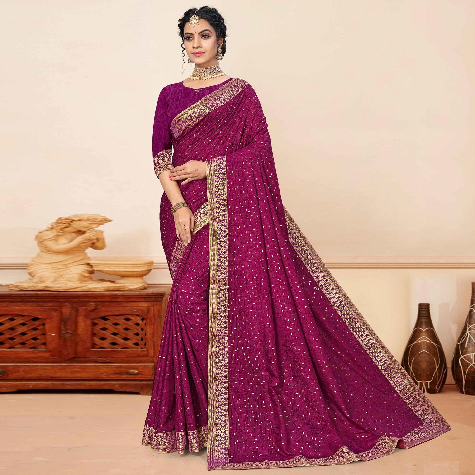Wine Festive Wear Sequence Embroidered Vichitra Silk Saree - Peachmode