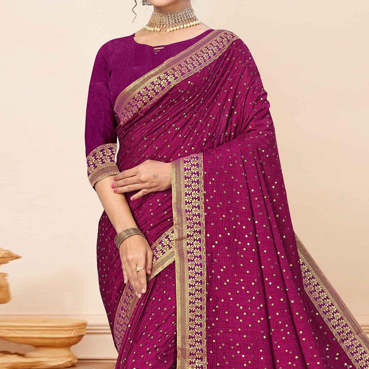 Wine Festive Wear Sequence Embroidered Vichitra Silk Saree - Peachmode