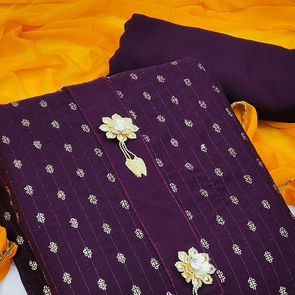 Wine Festive Wear Sequence Work Cotton Dress Material - Peachmode