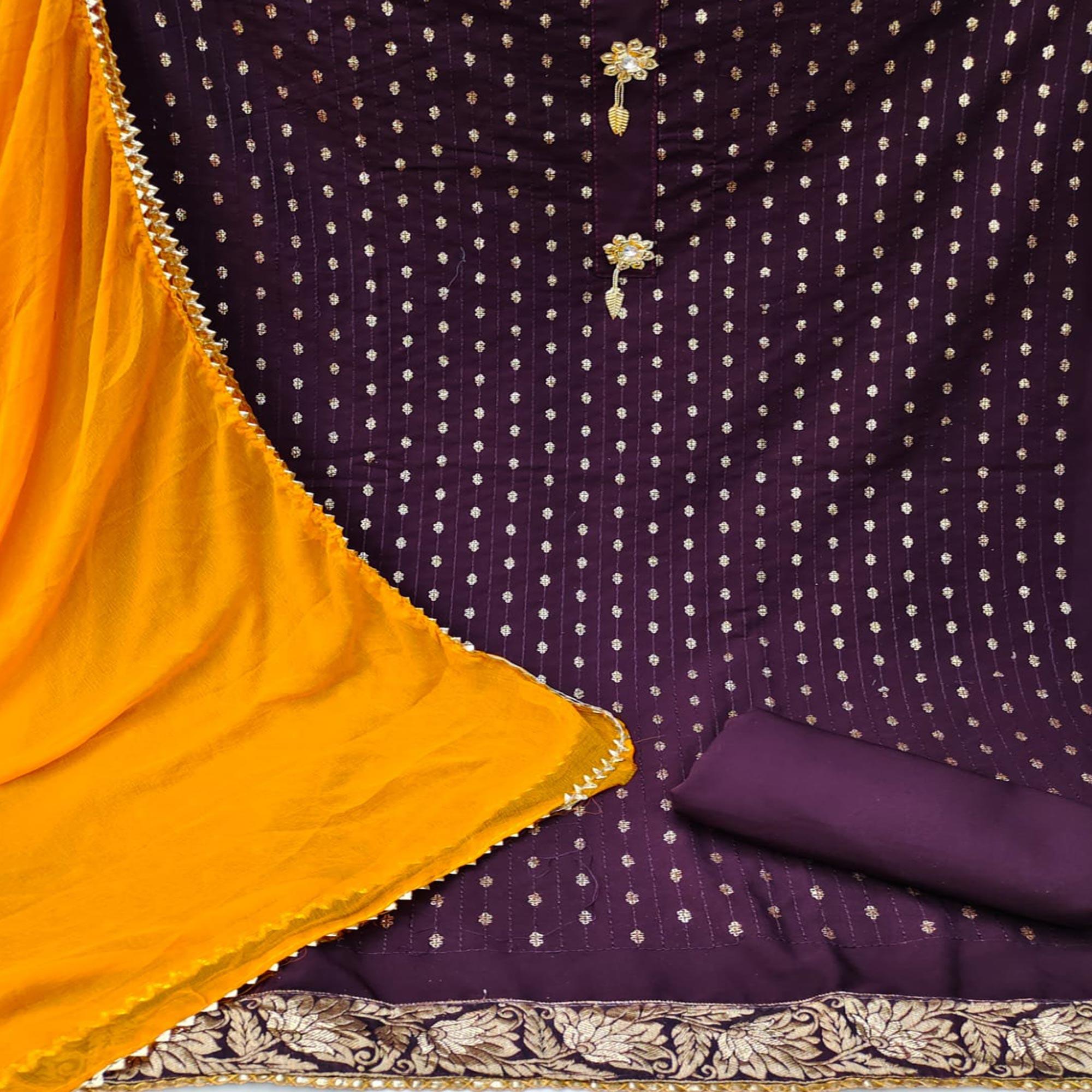 Wine Festive Wear Sequence Work Cotton Dress Material - Peachmode