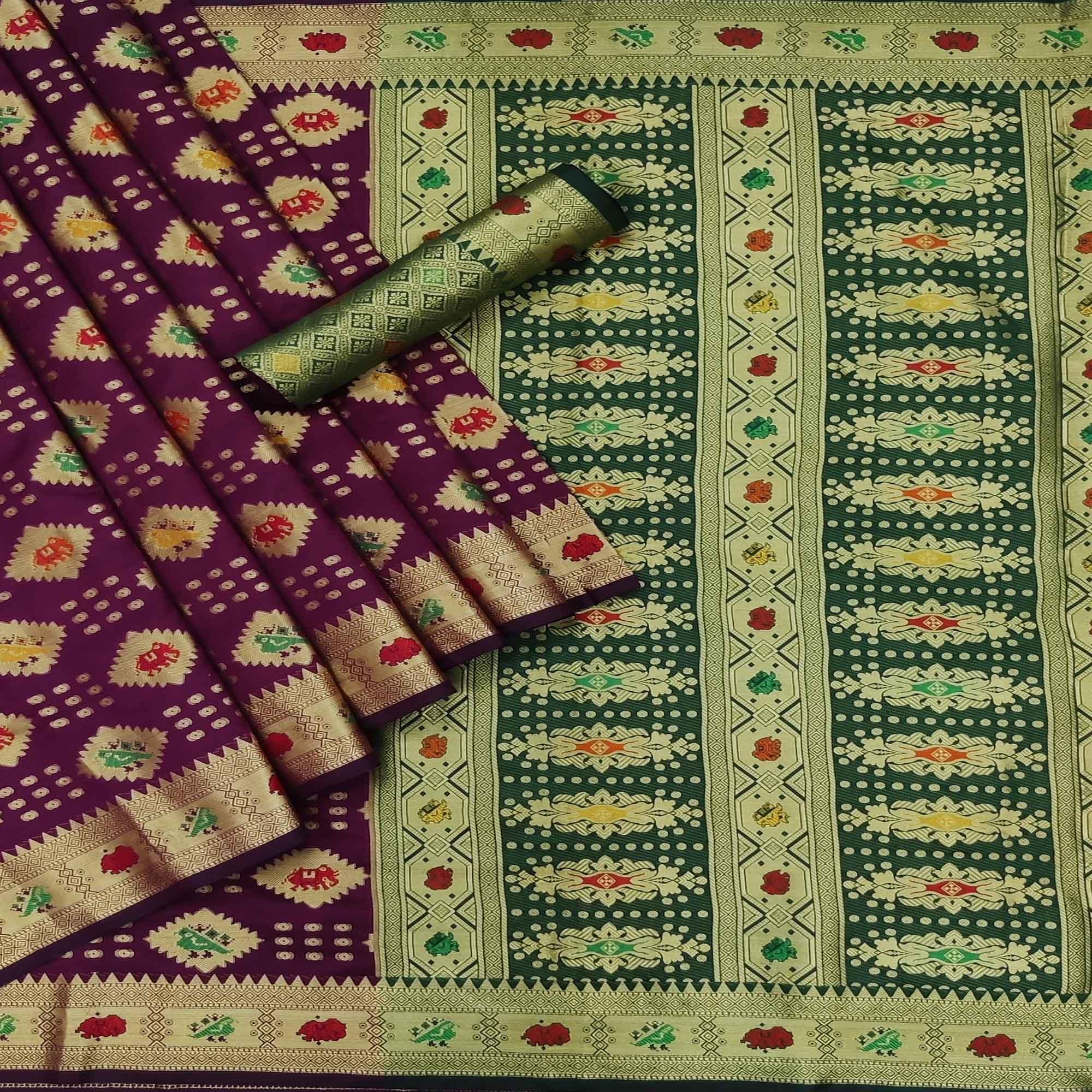 Wine Festive Wear Weaving Silk Saree - Peachmode